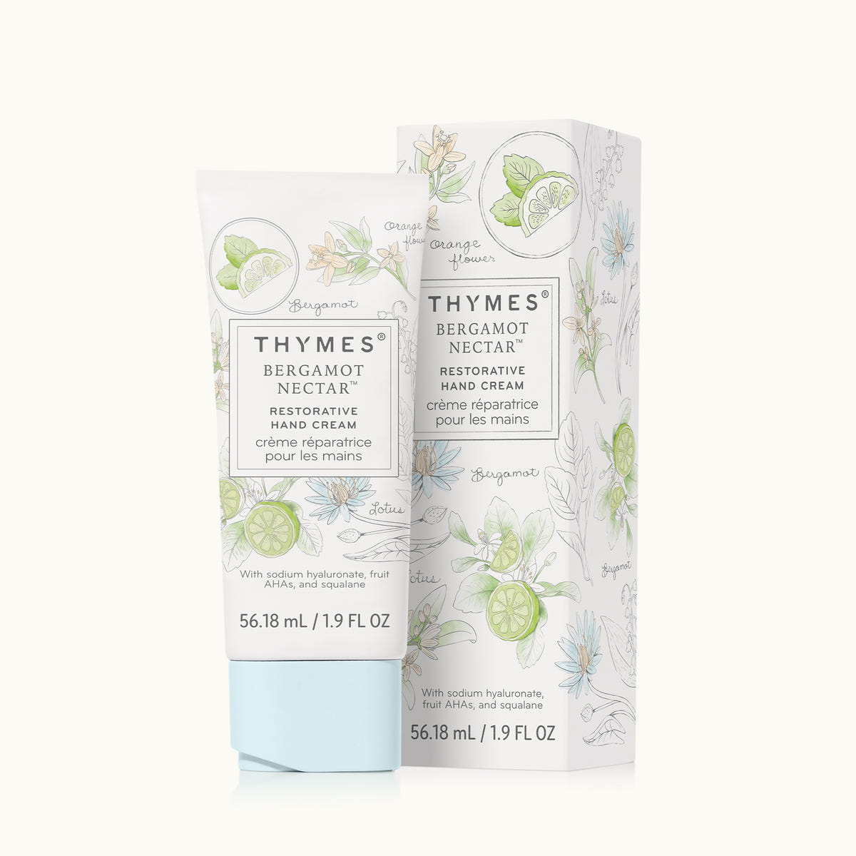 Thymes Bergamot Nectar hand cream packaging on a white background