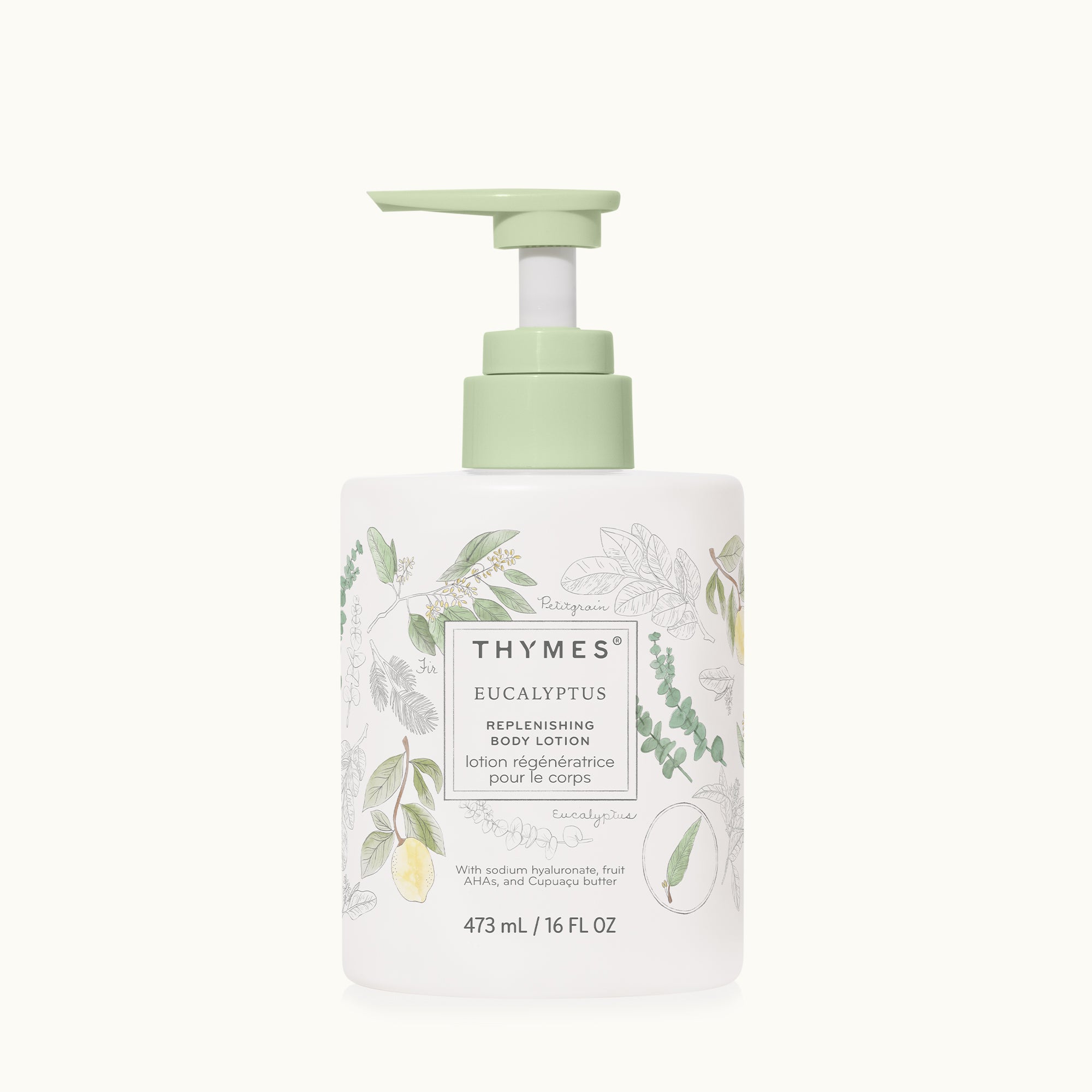 Thymes Eucalyptus body lotion bottle on a white background