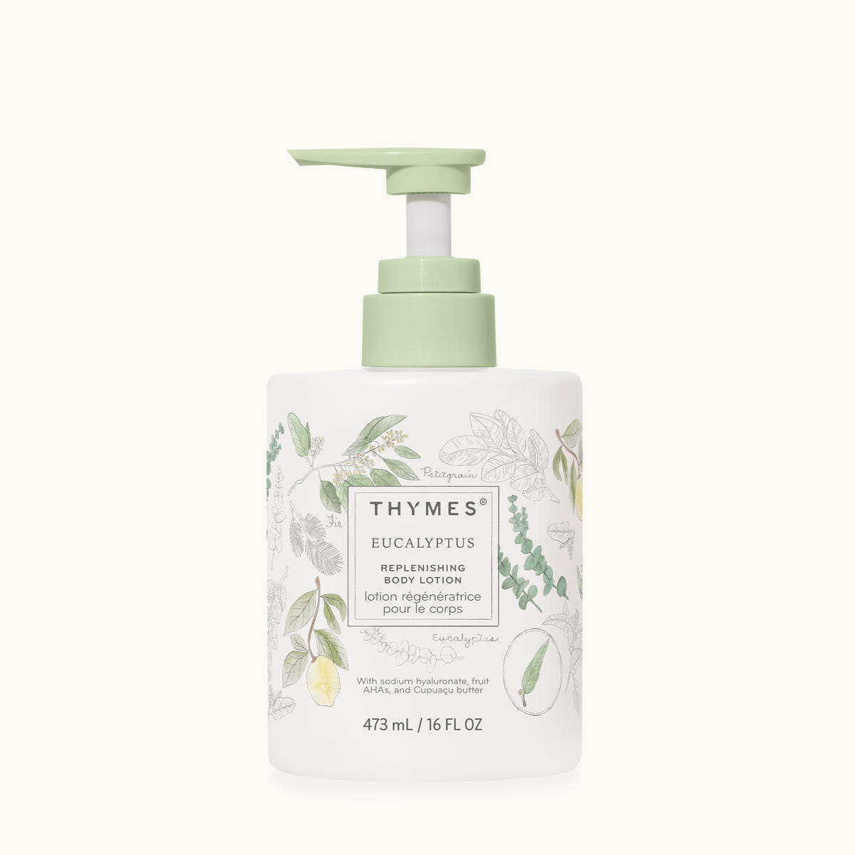 Thymes Eucalyptus body lotion bottle on a white background