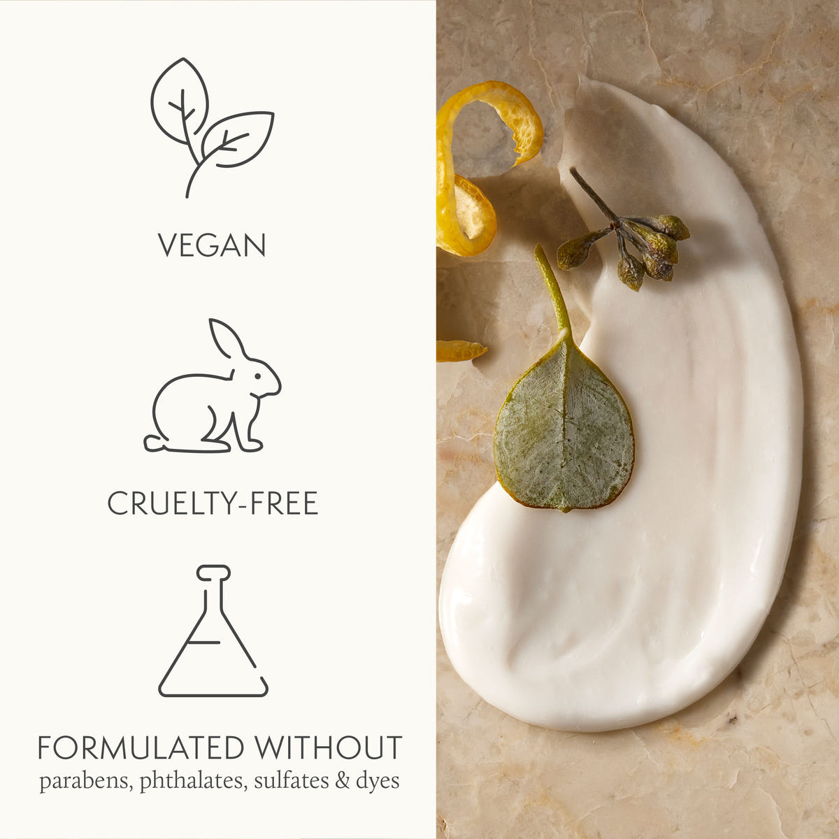 Blot of lotion with decorative elements on a beige surface, featuring vegan and cruelty-free icons.