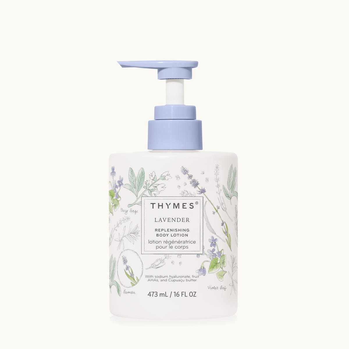 Thymes lavender replenishing body lotion bottle on a white background