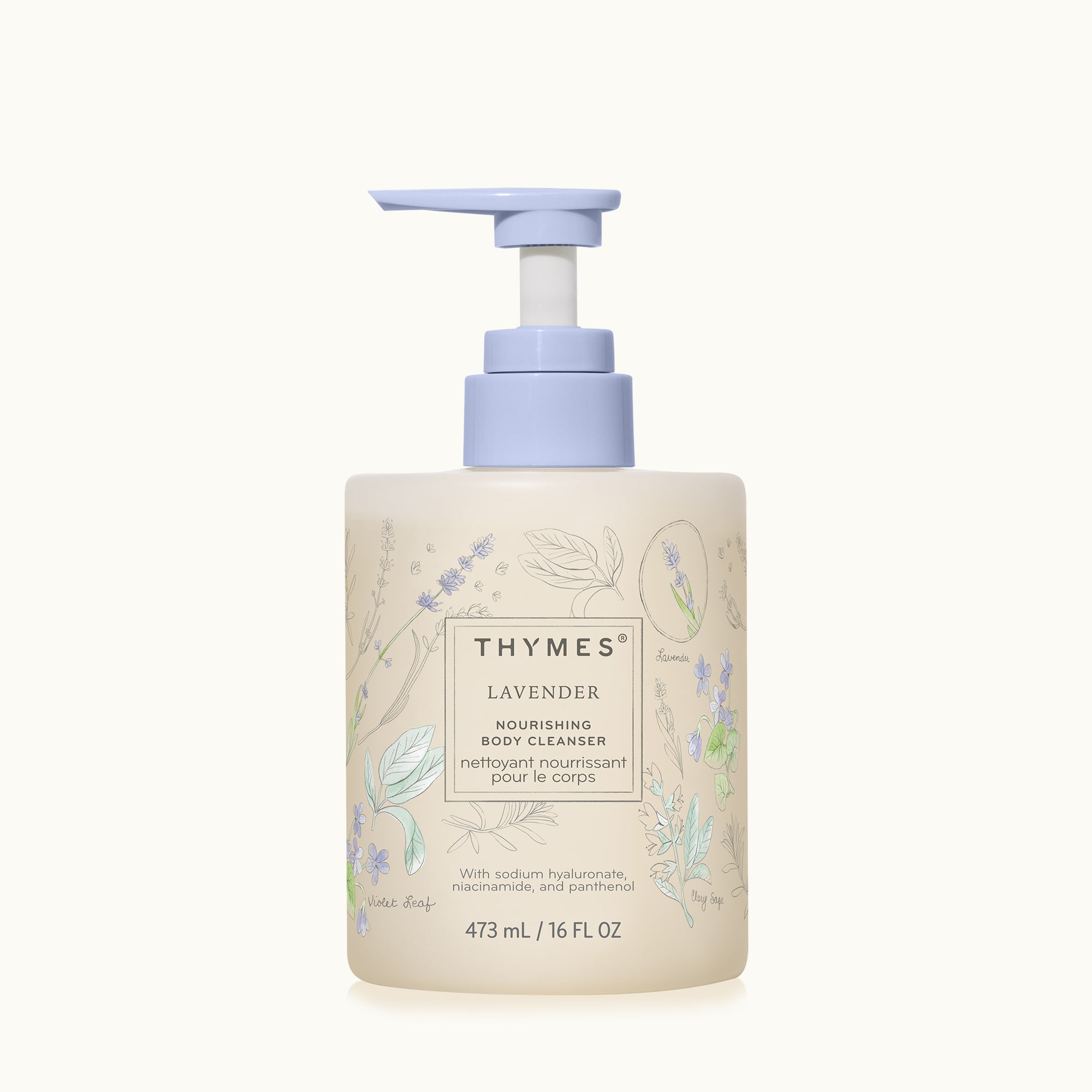 Thymes lavender body cleanser bottle with pump on a white background