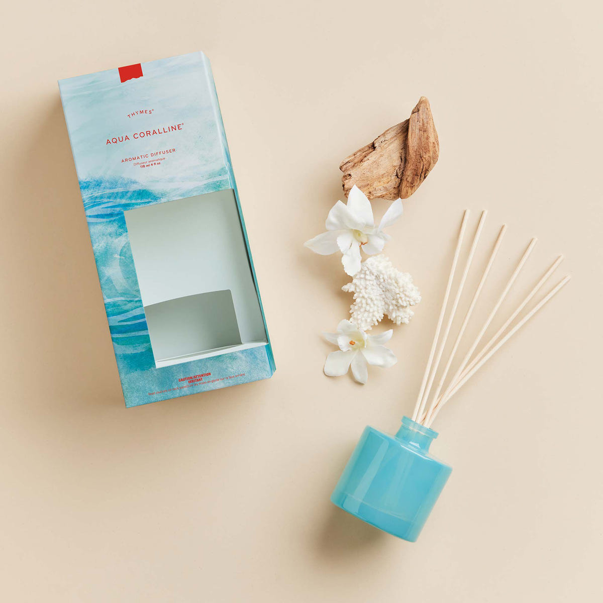 Alternate image of Thymes Aqua Coralline Petite Reed Diffuser with packaging