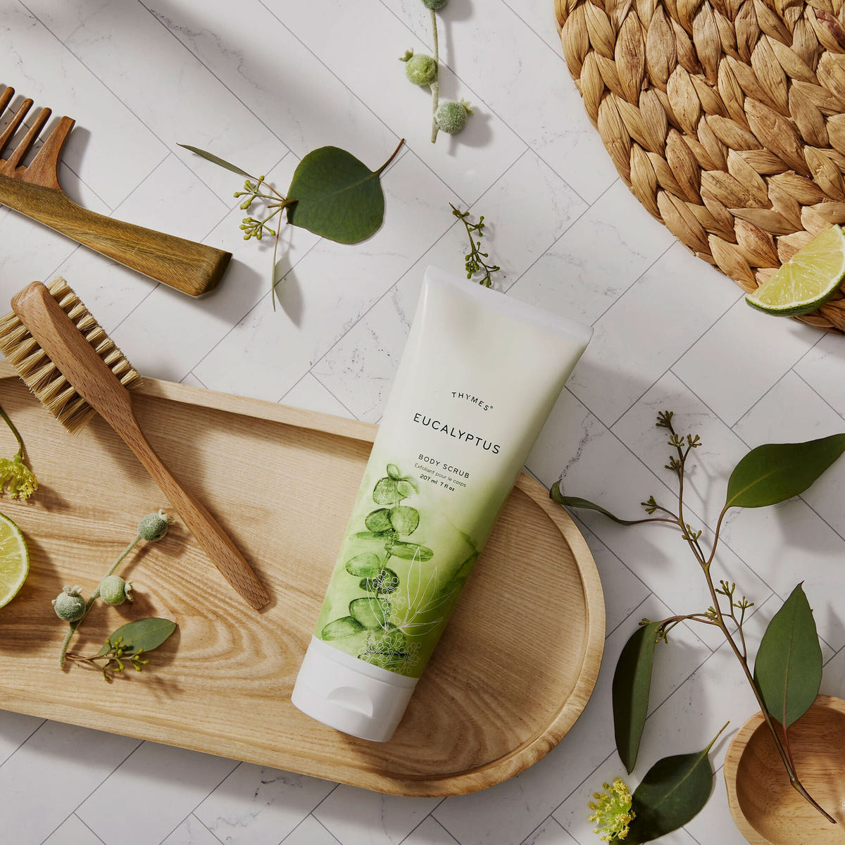 Alternate image of Thymes Eucalyptus Body Scrub flat lay on wooden tray