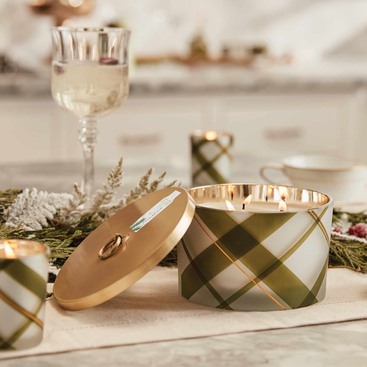 Alternate image of Thymes Frasier Fir Frosted Plaid Large Candle lit