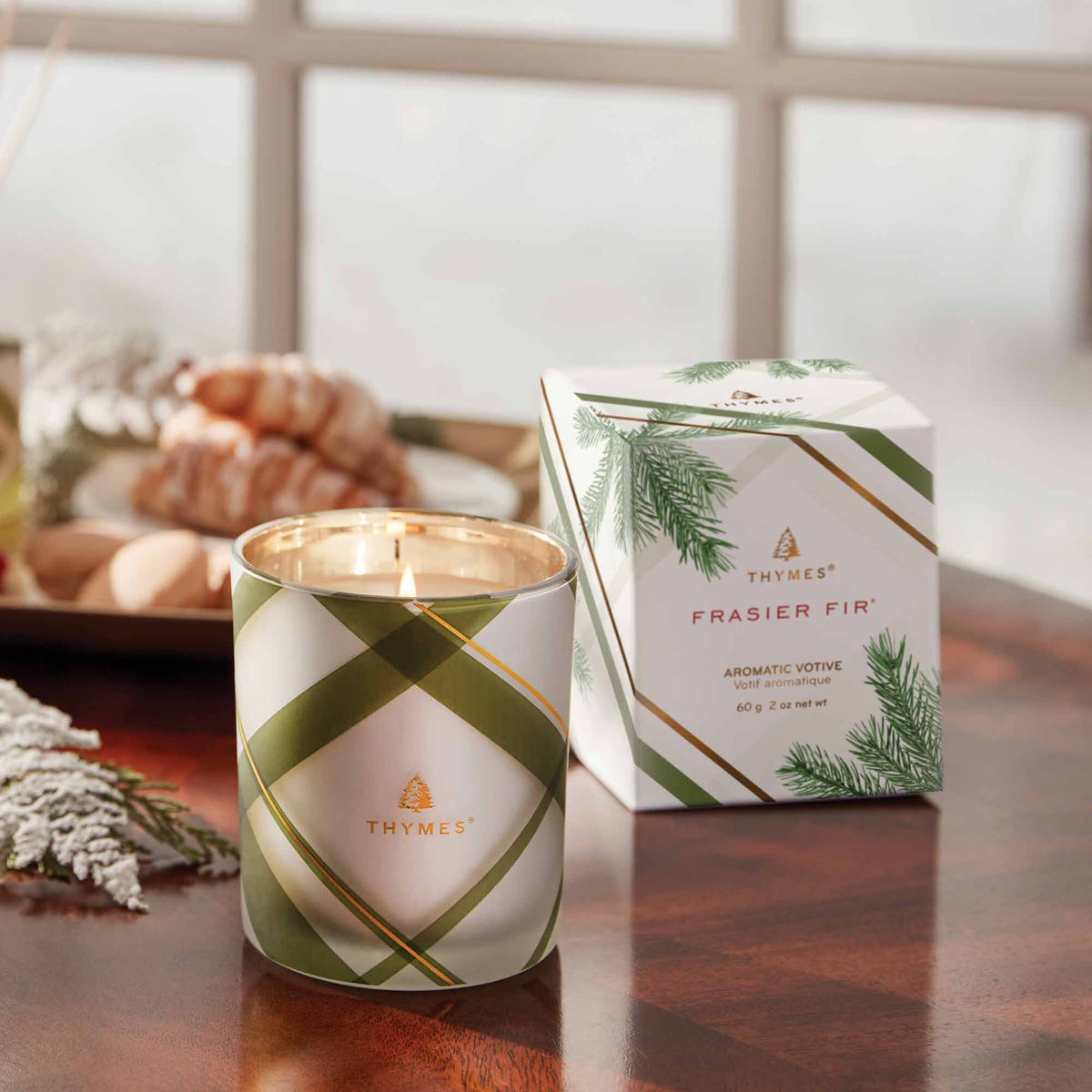 Alternate image of Thymes Frasier Fir Frosted Plaid Votive Candle Lit