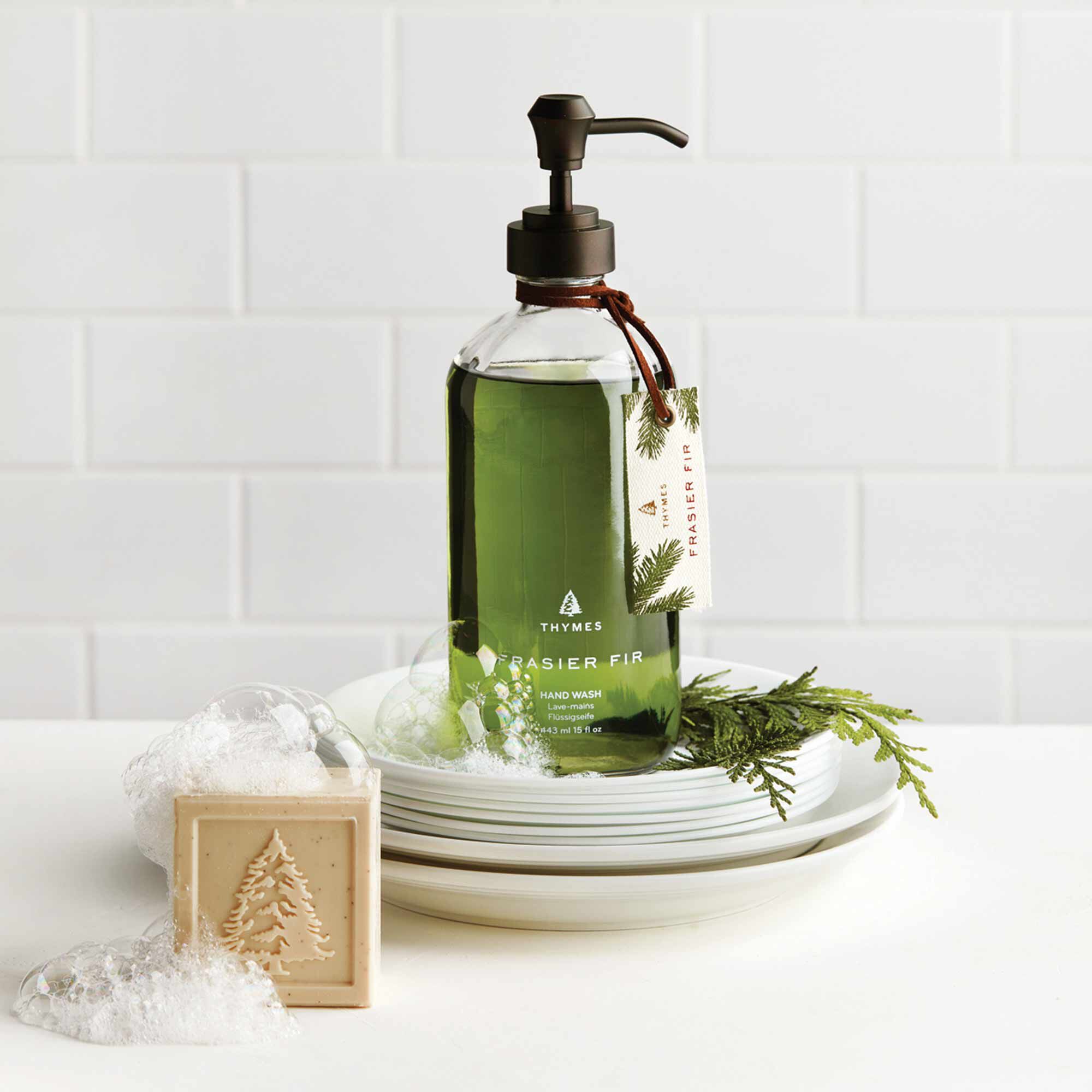 Frasier Fir Bar Soap Next to Liquid Hand Soap