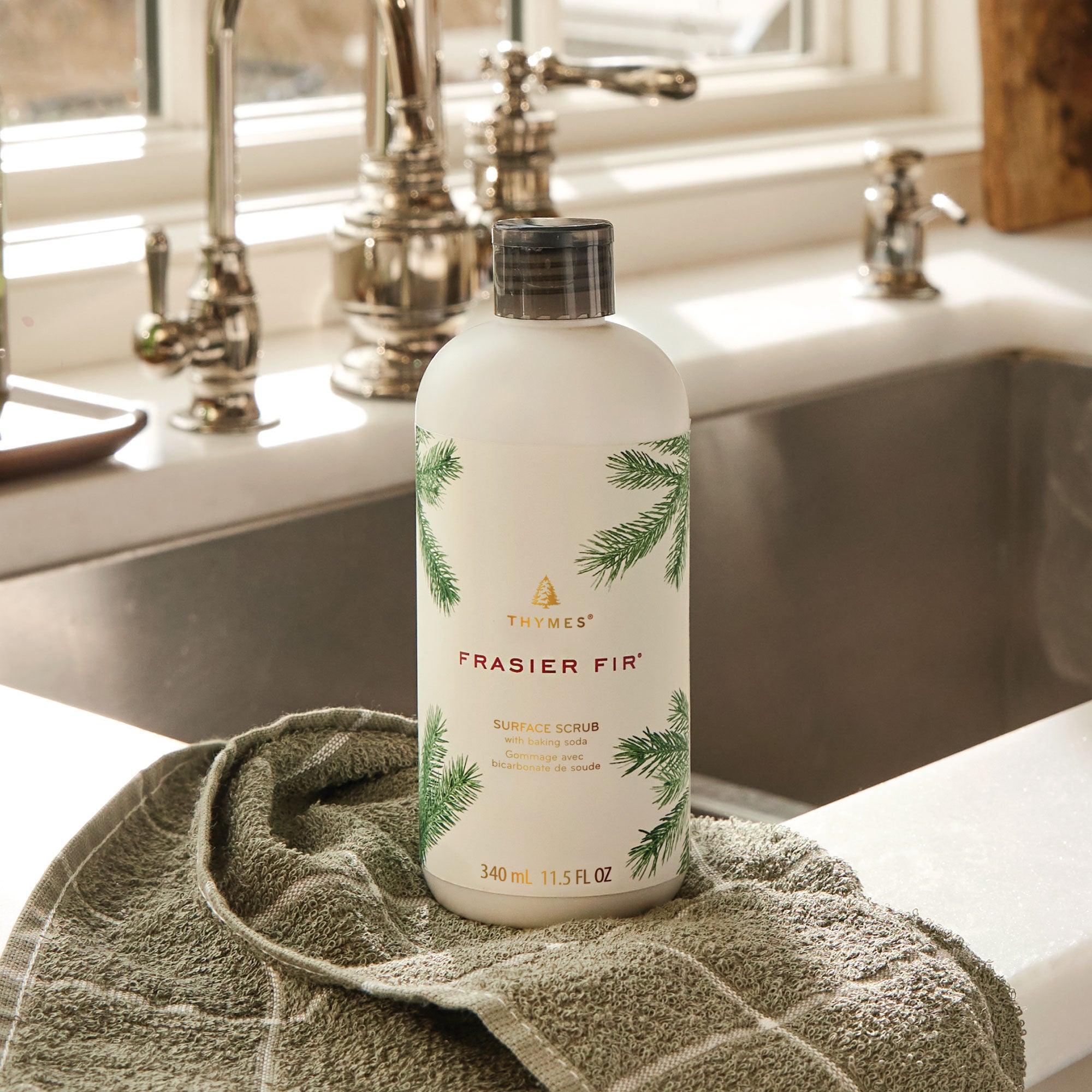 Thymes Frasier Fir Surface Scrub on countertop