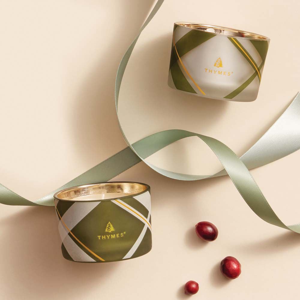 Alternate image of Thymes Frasier Fir Frosted Plaid Candle Set flatlay of candles with ribbon