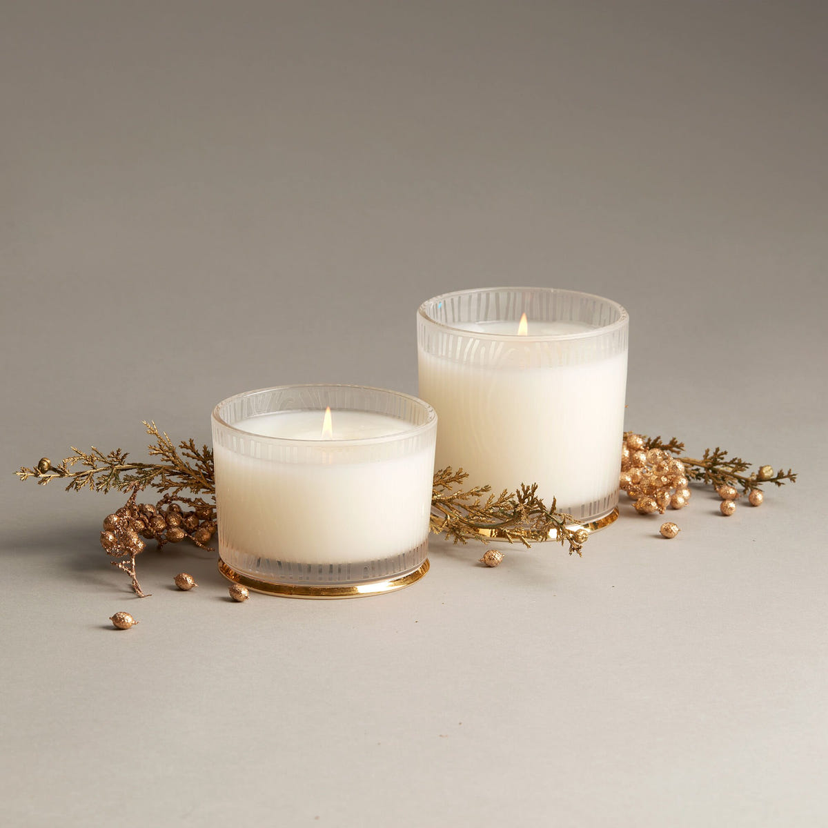 Alternate image of Small and Large Thymes Frasier Fir Gilded Frosted Wood Grain Candles