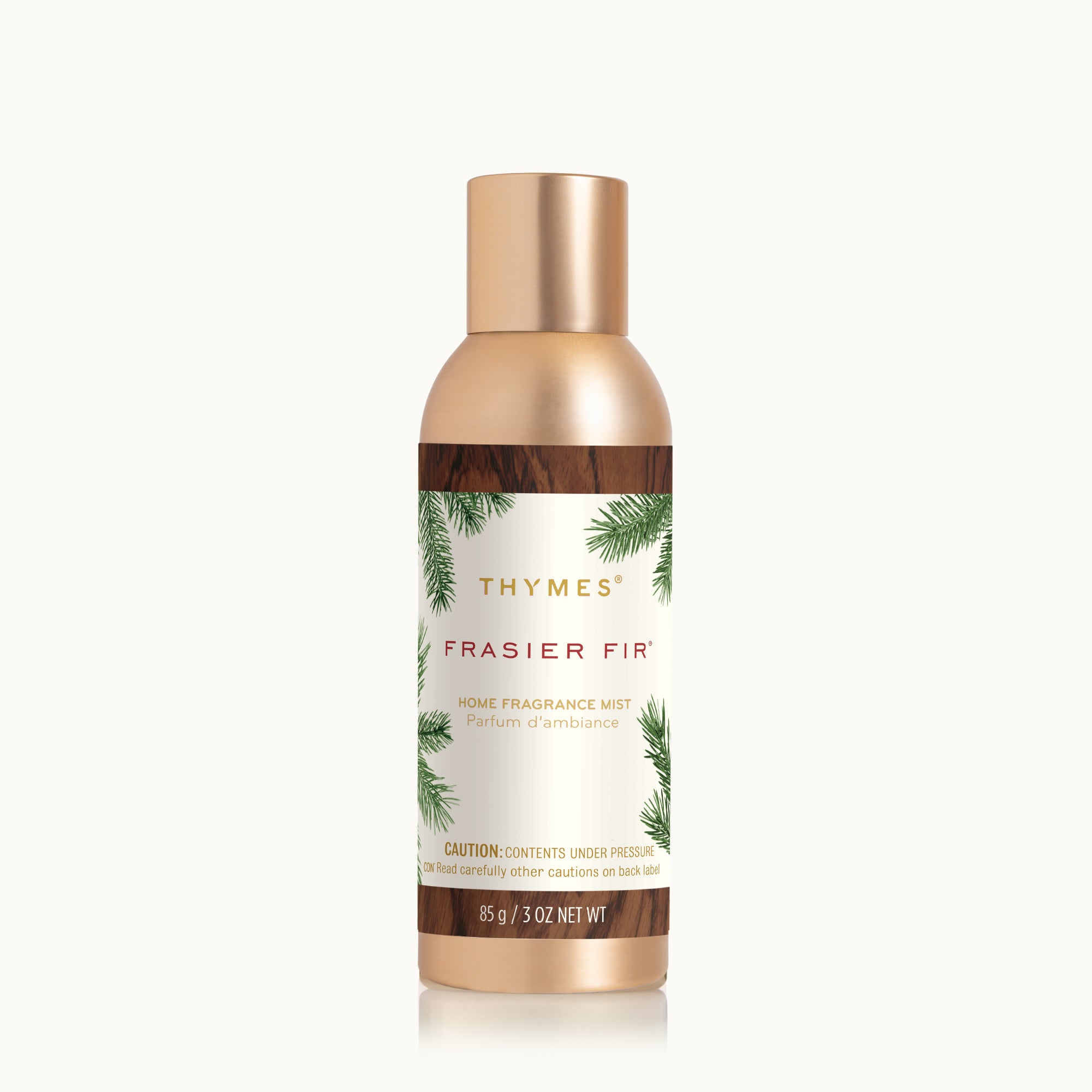 Thymes Frasier Fir room fragrance mist bottle on a white background
