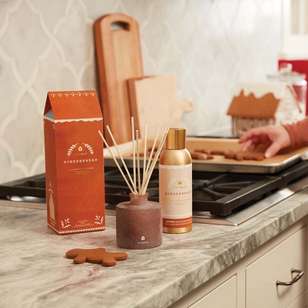 Thymes Gingerbread Petite Reed Diffuser is a Holiday Fragrance featured on kitchen countertop