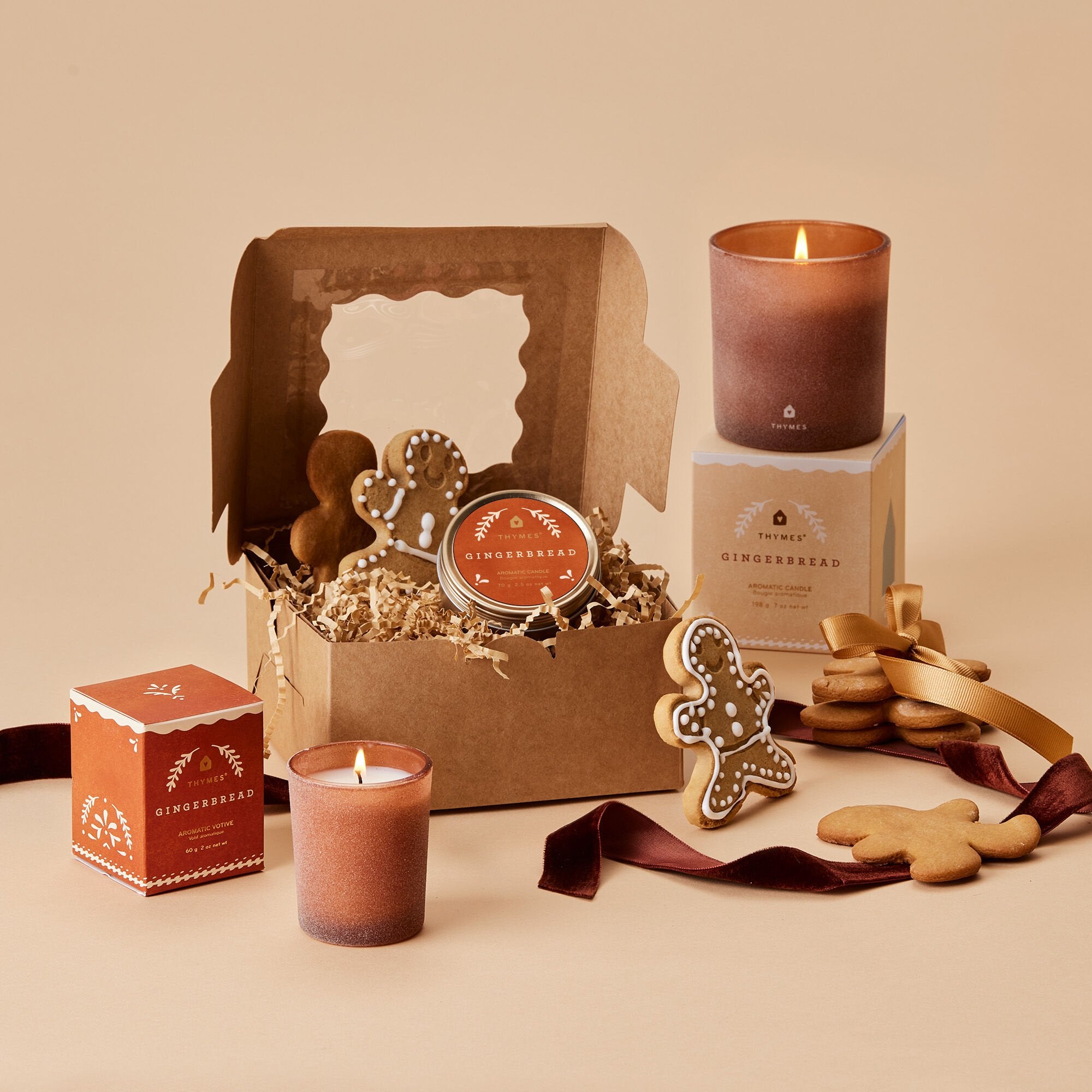 Thymes Gingerbread Travel Tin Candle & Gingerbread decorated cookies in gift box