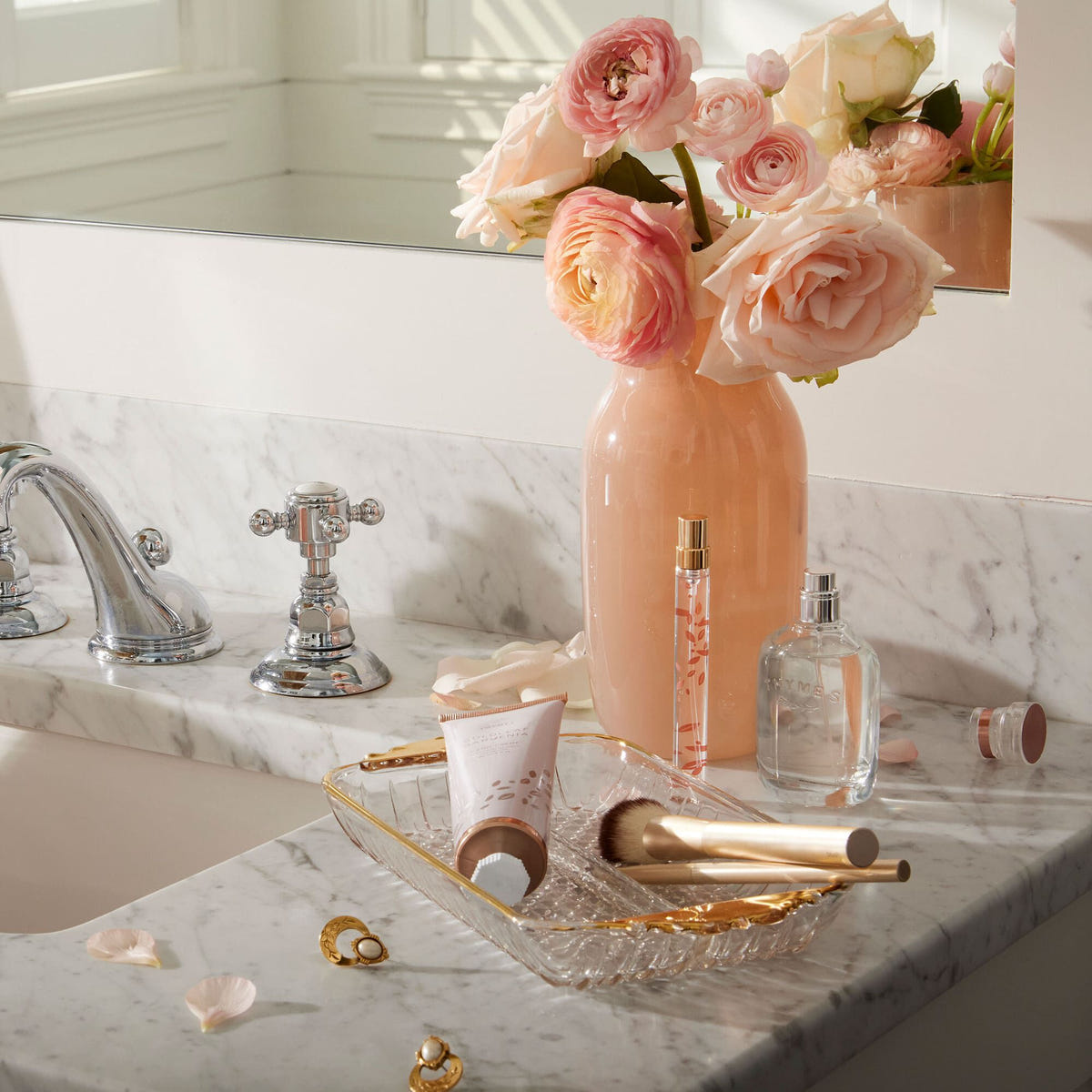 Alternate image of Goldleaf Gardenia Eau de Parfum featured on bathroom countertop next to flower vase and Goldleaf Gardenia products