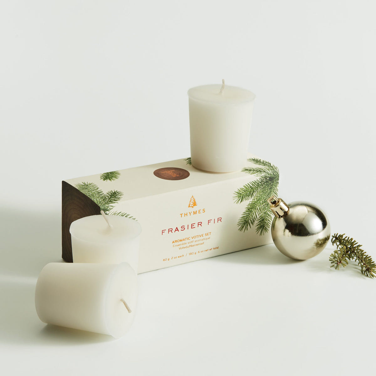 Alternate image of Thymes Frasier Fir Votive Candle Set Out of Box with Ornaments