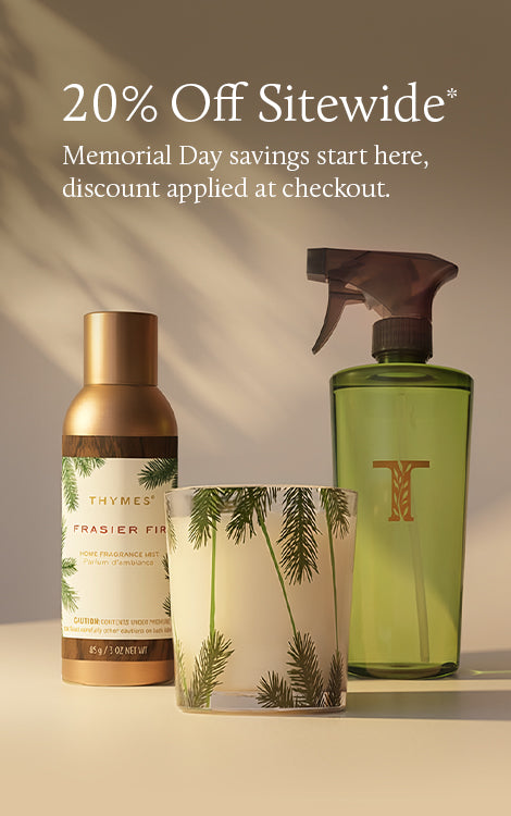 Three Thymes products on a neutral background with promotional text for Memorial Day savings.