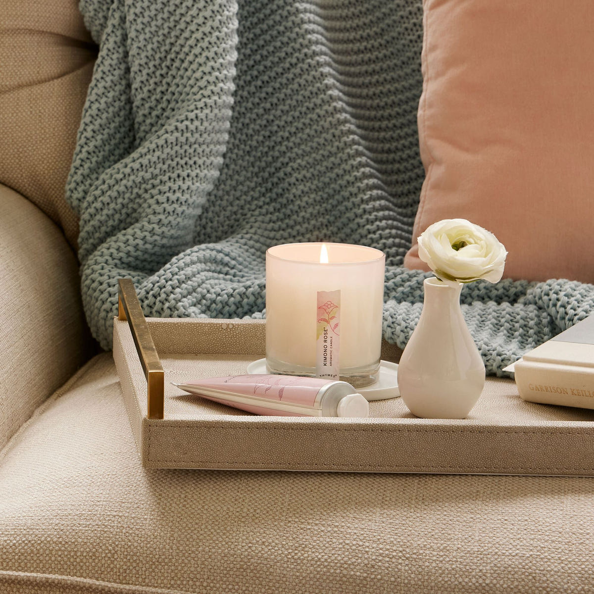 Alternate image of Thymes Kimono Rose Poured Candle on tray with Thymes Kimono Rose Hand Cream and flower vase