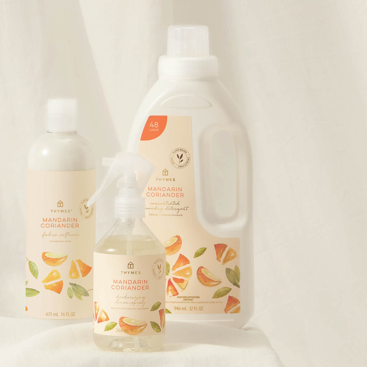 Alternate image of Thymes Mandarin Coriander Linen Spray to Soften and Scent Fabrics and Furniture featured with Thymes Mandarin Coriander Concentrated Laundry Detergent and Fabric Softener