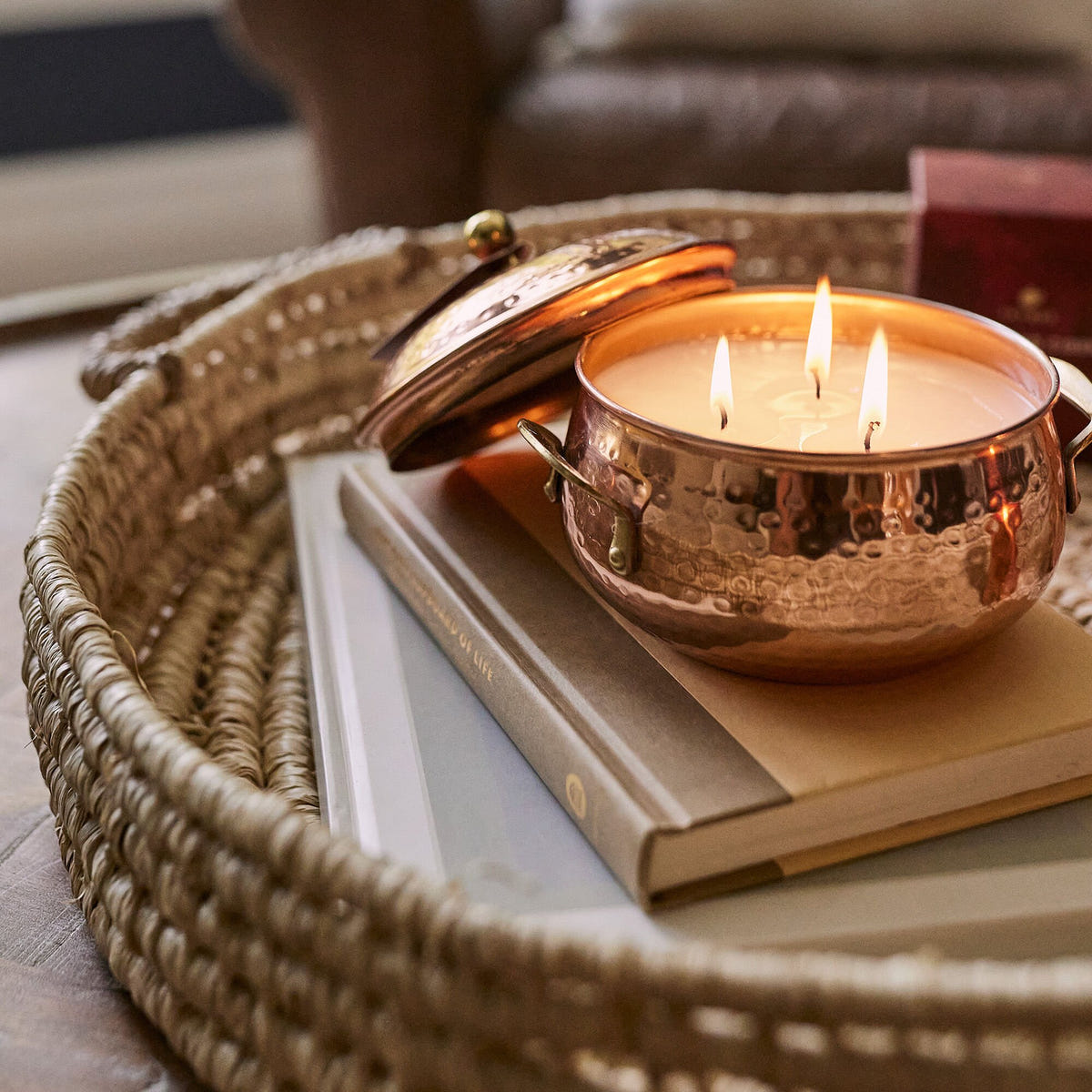 Alternate image of Thymes Simmered Cider Copper Pot 3 Wick Candle on Coffee Table