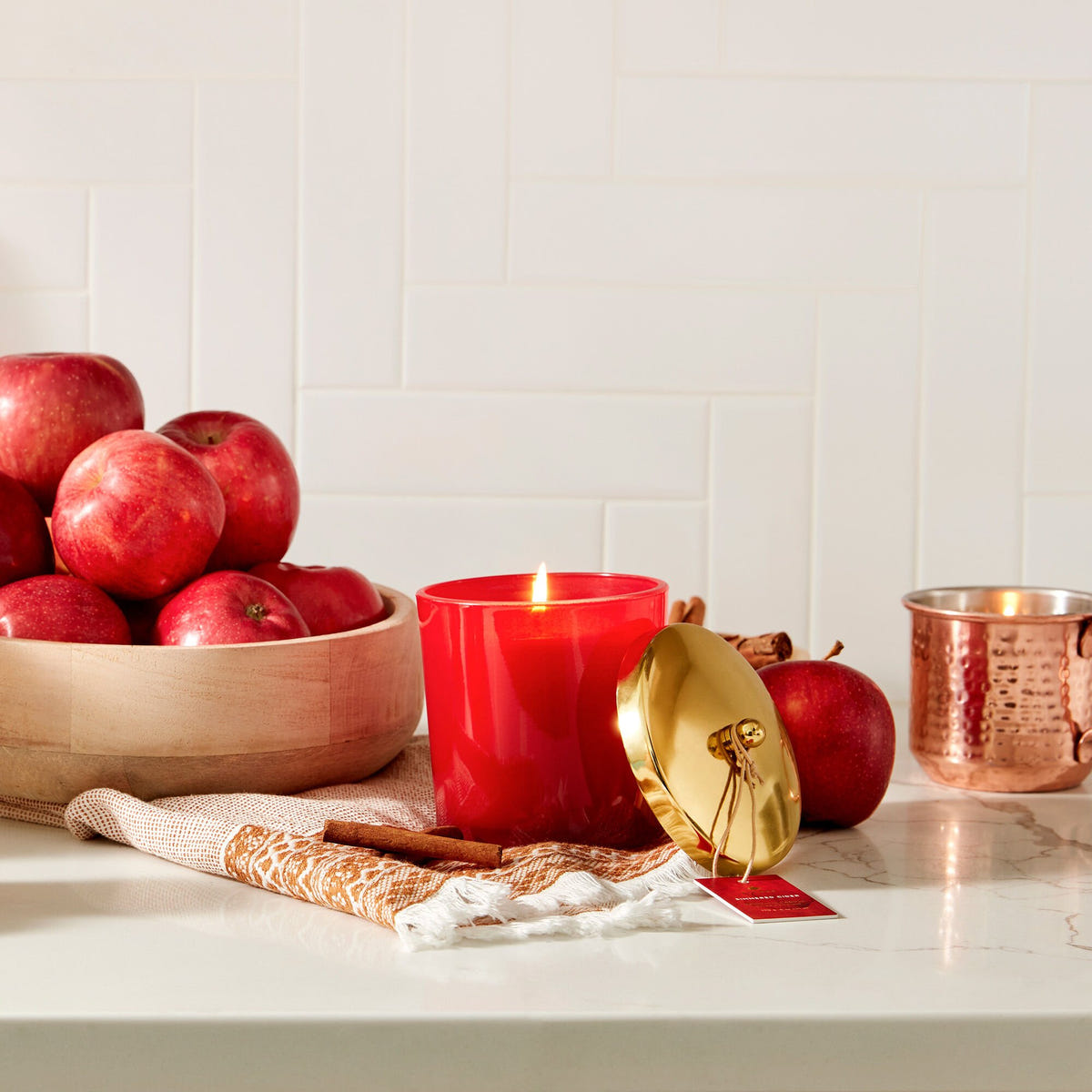 Alternate image of Thymes Simmered Cider Harvest Red Candle with Open Lid