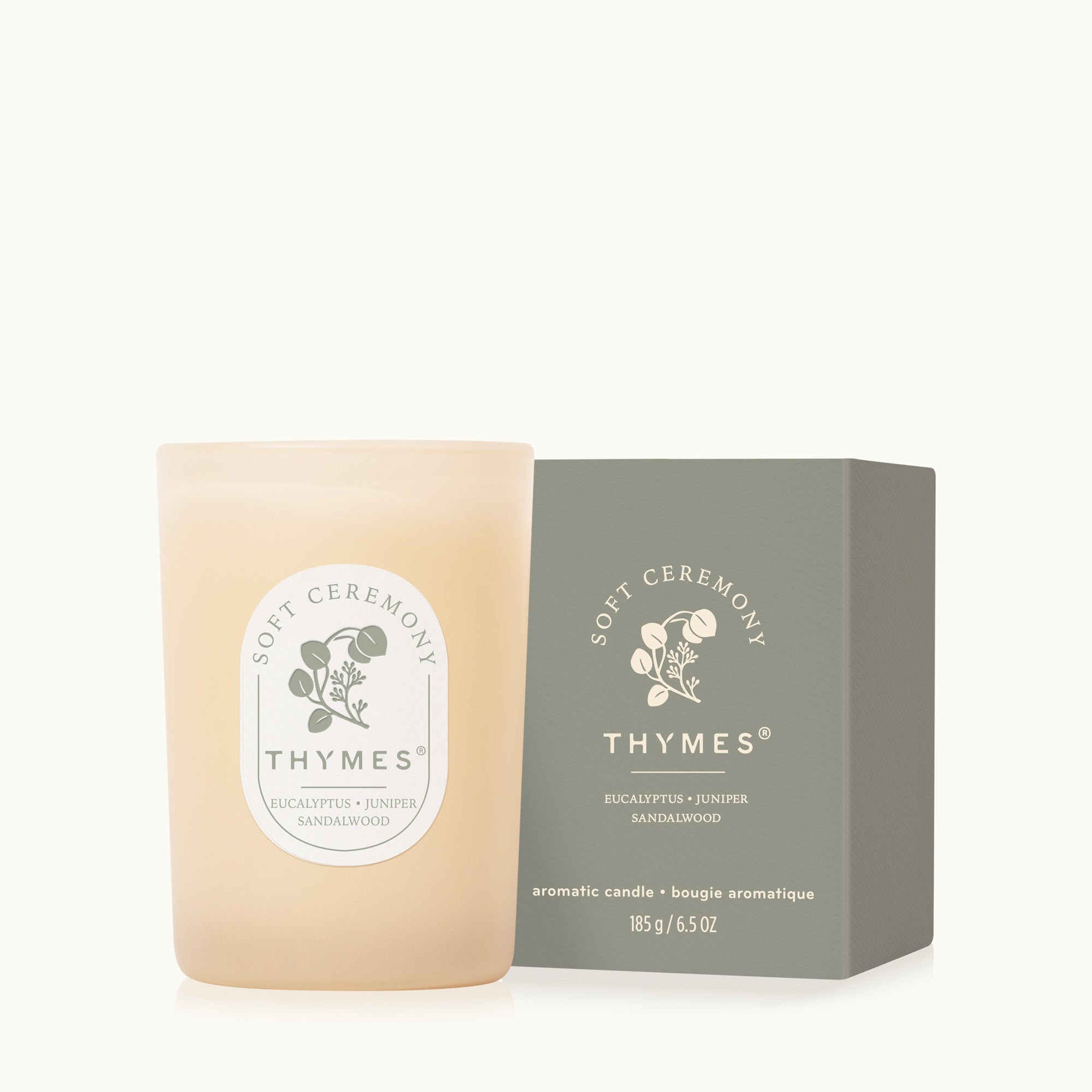 Thymes candle and packaging on a white background