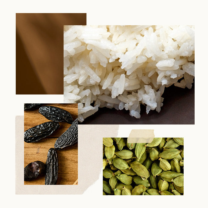 Collage of white rice, dried figs, and green cardamom pods.