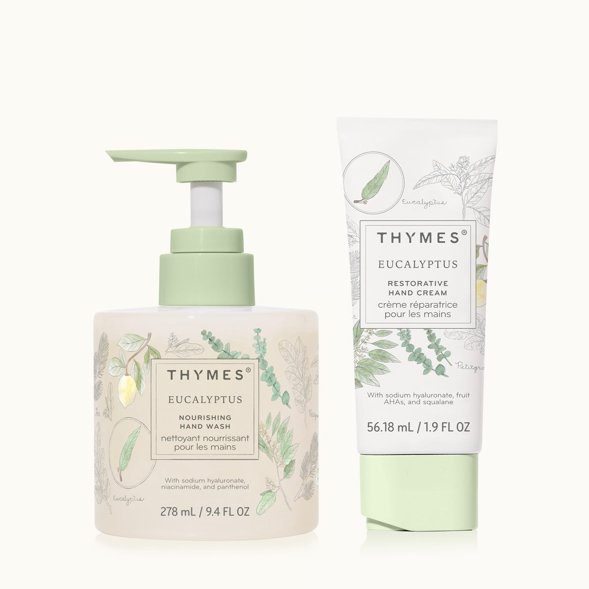 Thymes Eucalyptus hand wash and cream set on a white background