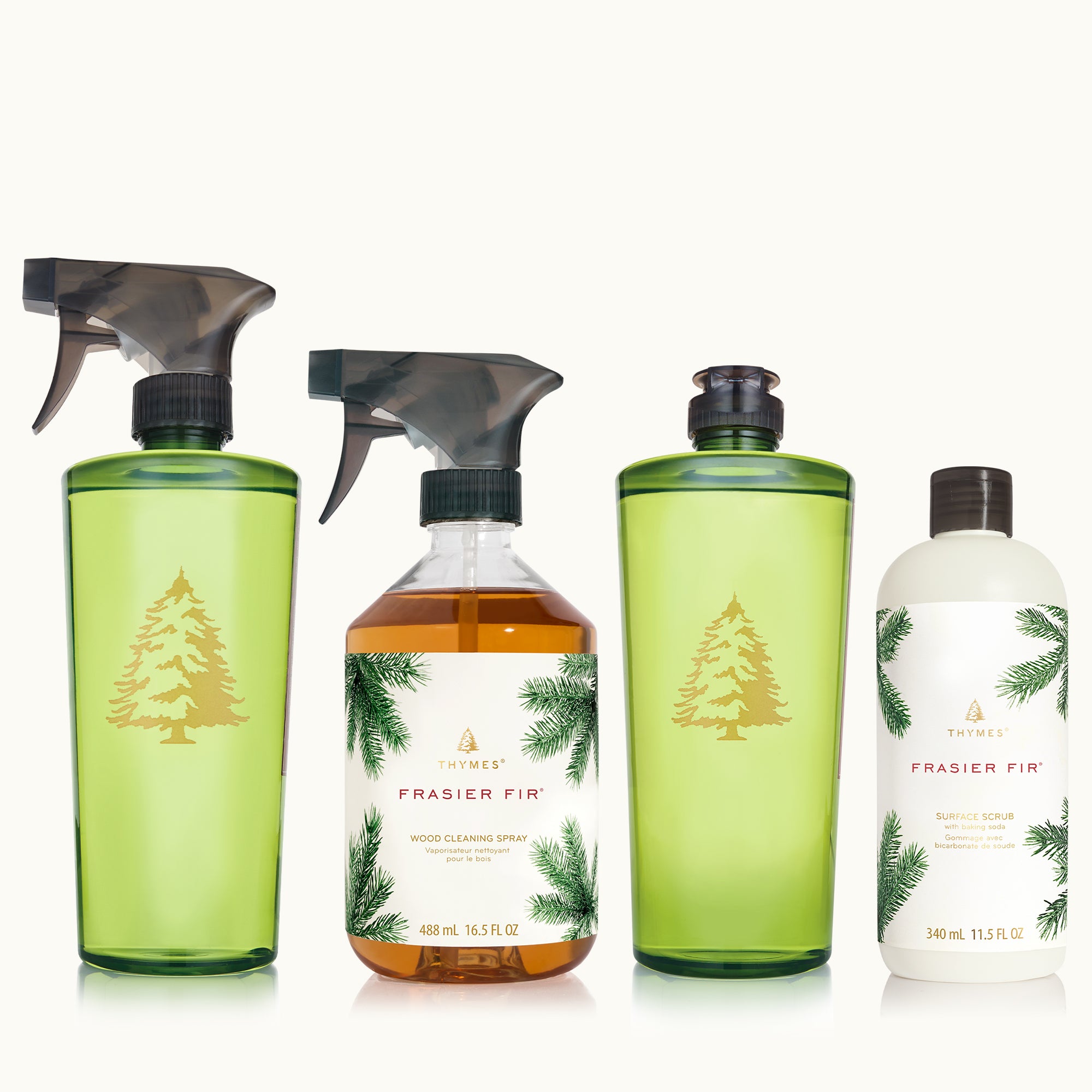 Set of four Frasier Fir cleaning products with heritage  tree design labels on a tan background