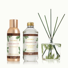 Frasier Fir Home Fragrance Mist, Diffuser Oil Refill and Diffuser on a tan background