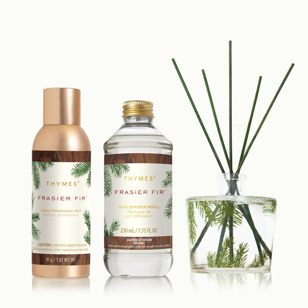 Frasier Fir Home Fragrance Mist, Diffuser Oil Refill and Diffuser on a tan background