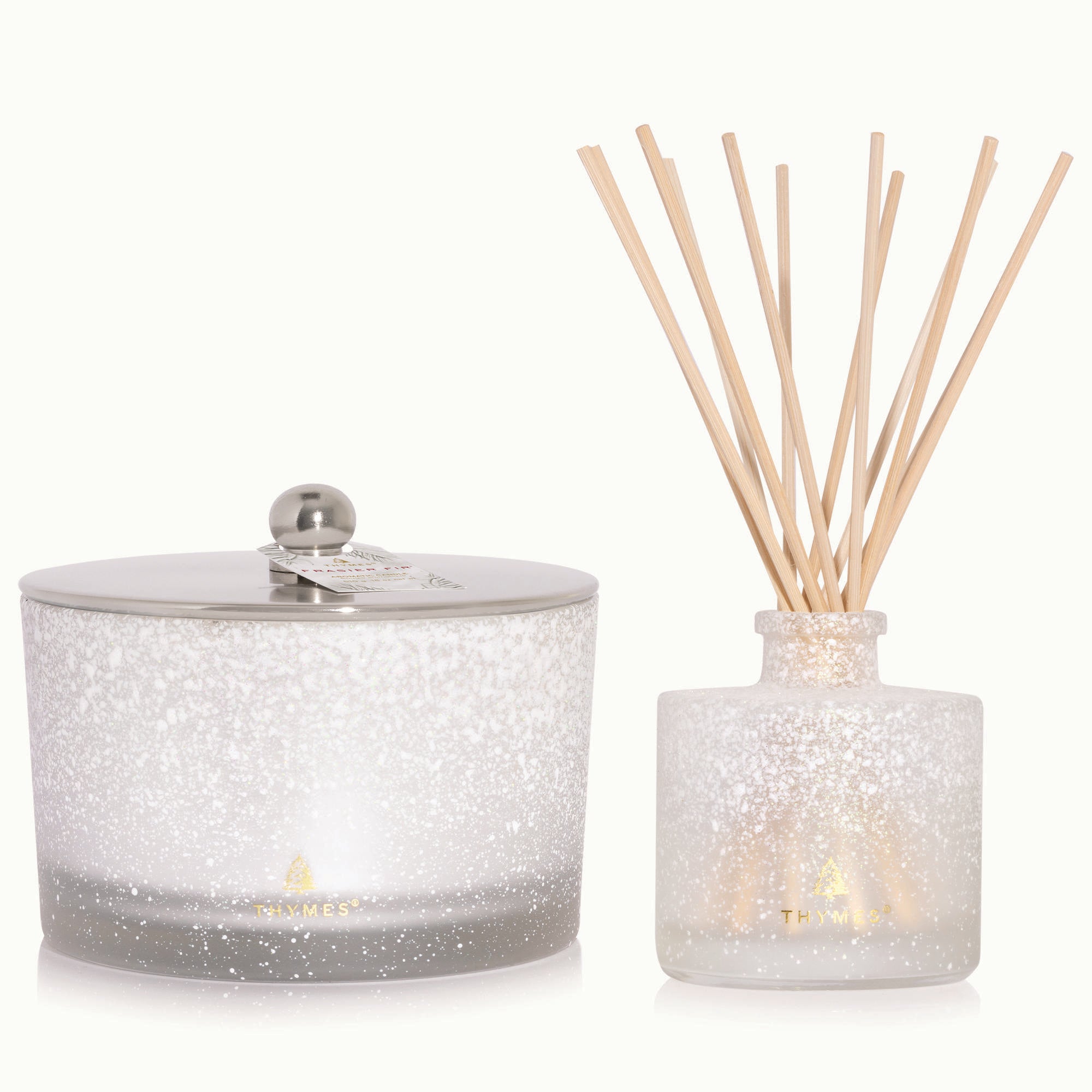 Frasier Fir Flocked 3-Wick Candle and Reed Diffuser on a white background