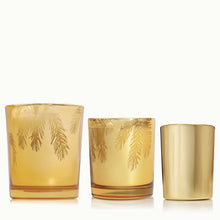 Three gold Frasier Fir Gilded Candles on a white background.