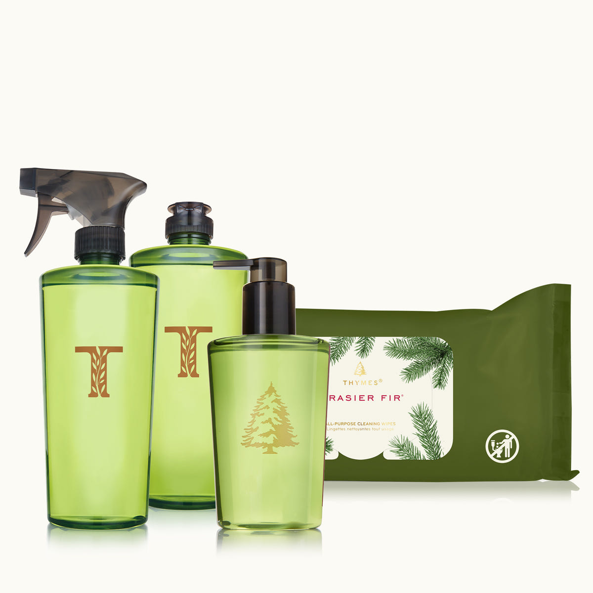 Frasier Fir All-Purpose Cleaner, Dishwashing Liquid, Hand Soap and Cleaning Wipes on a tan background