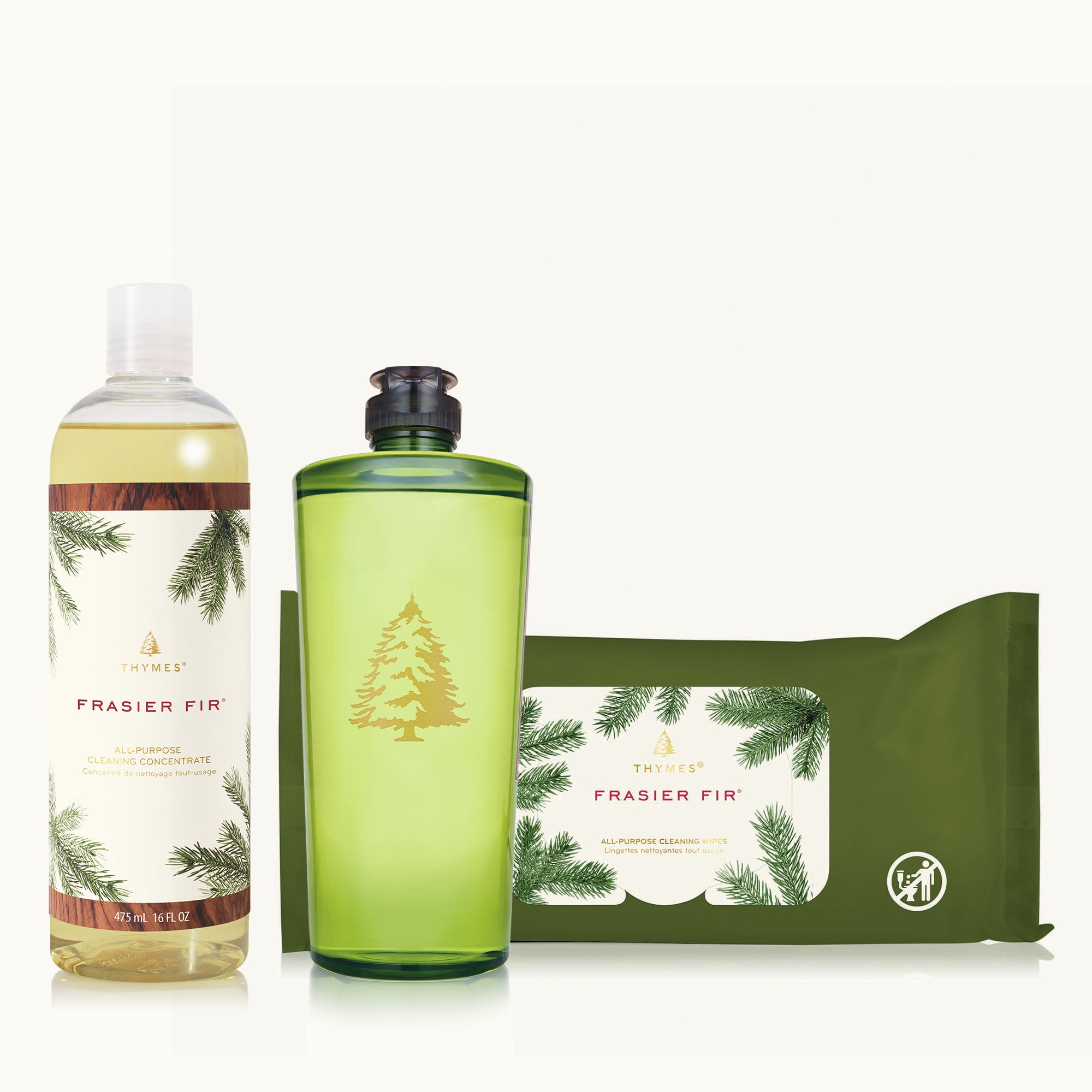 Frasier Fir all-purpose cleaning concentrate, dishwashing liquid and cleaning wipes on a white background