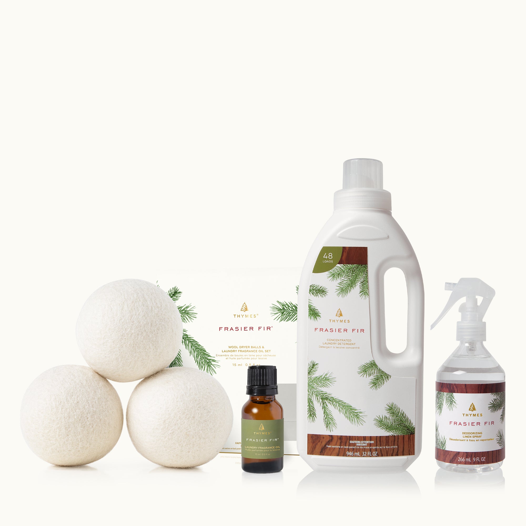 Frasier Fir Laundry Detergent, Linen Spray, Fragrance Oil and Dryer Balls on a white background