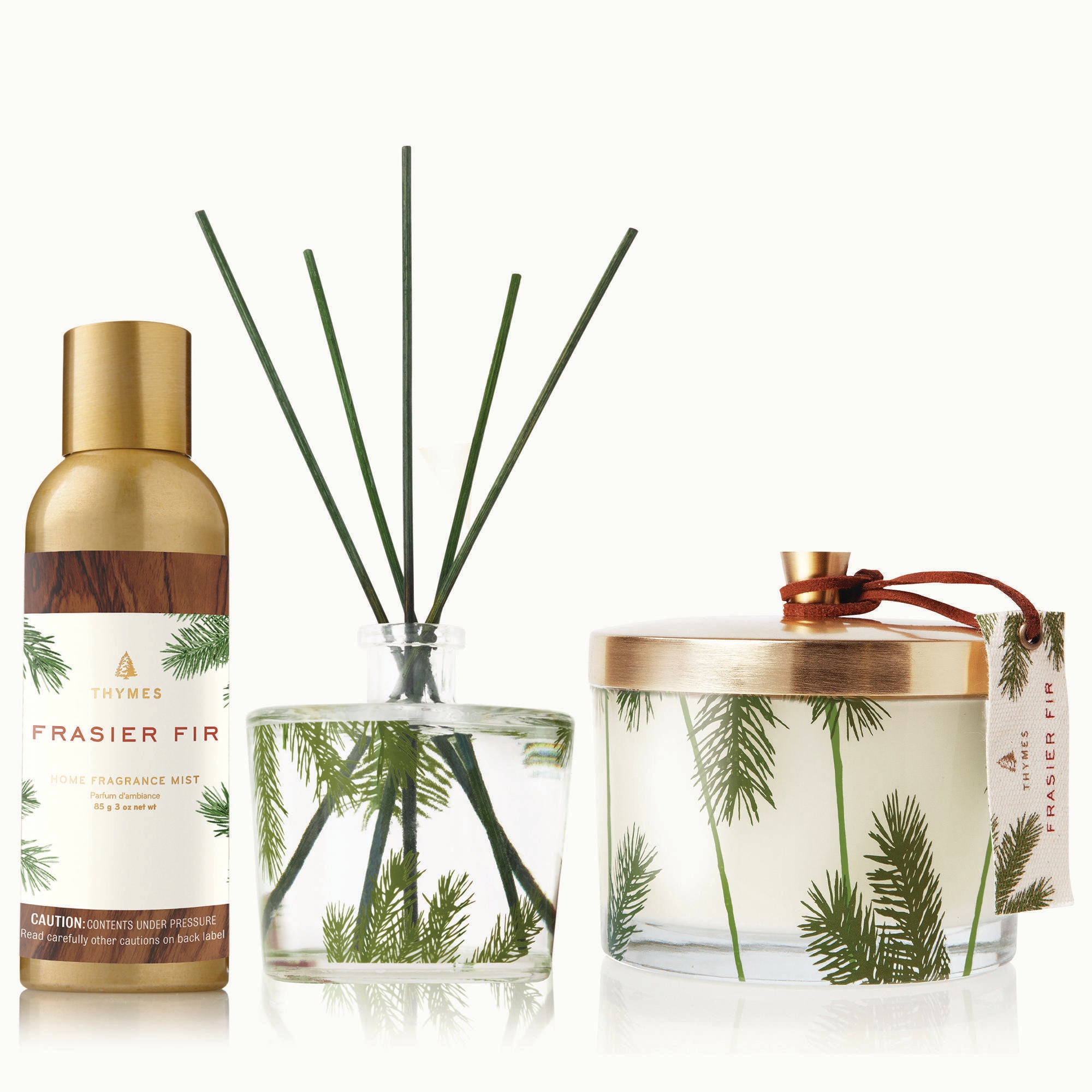 Frasier Fir Pine Needle Home Fragrance Mist, Reed Diffuser and 3-Wick Candle on a white background