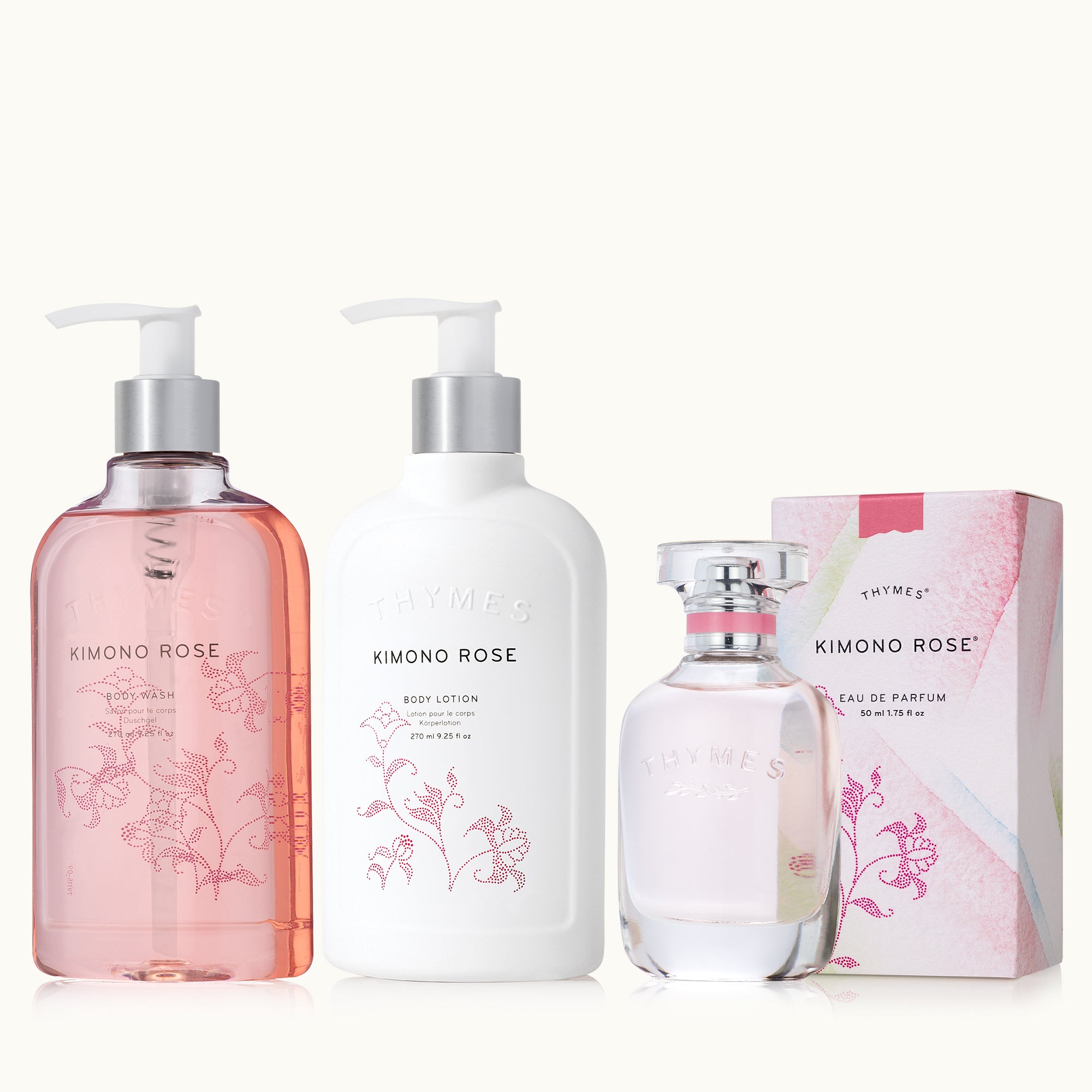 Kimono Rose skincare and fragrance products including lotion, perfume, and packaging on a tan background