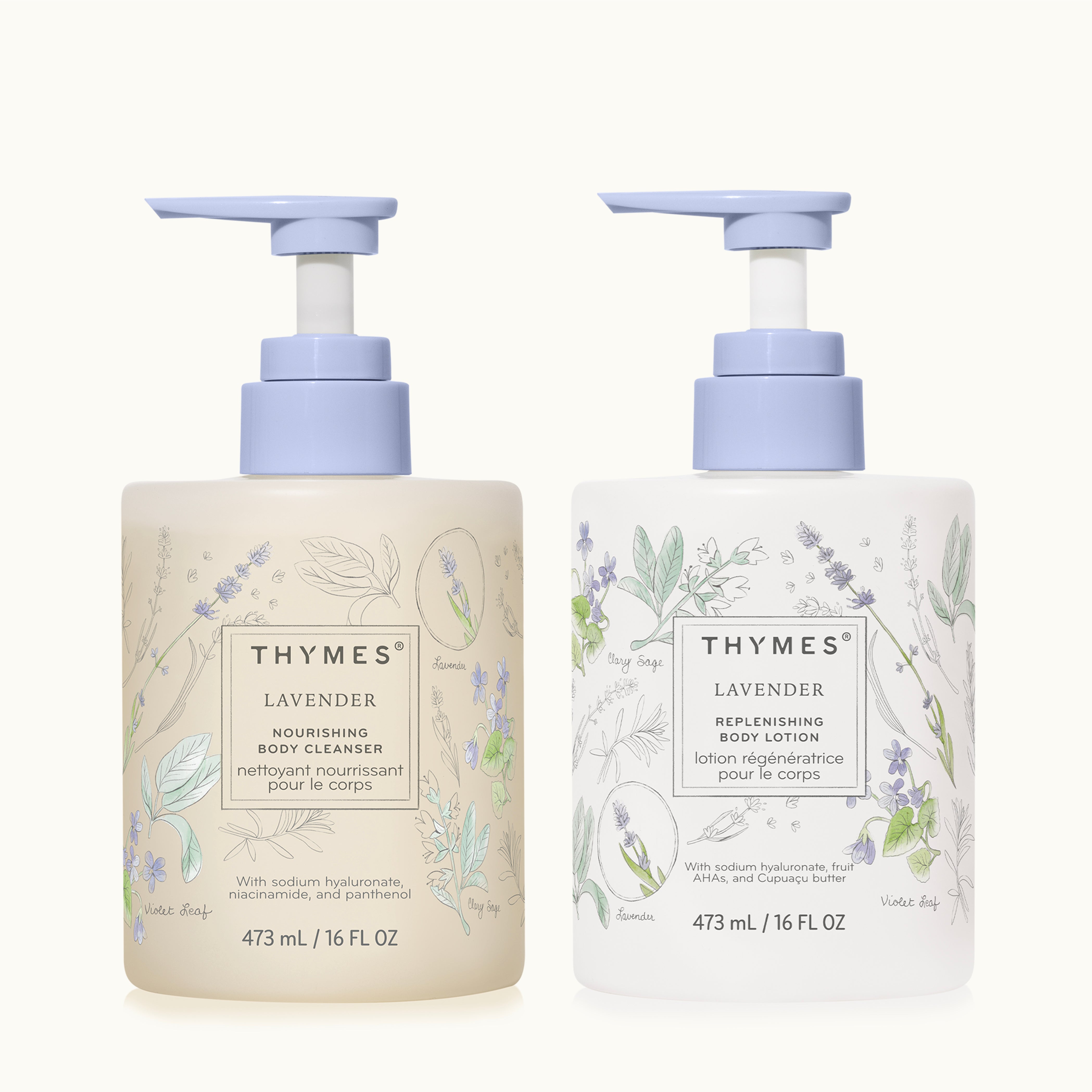 Two Thymes lavender body products on a white background