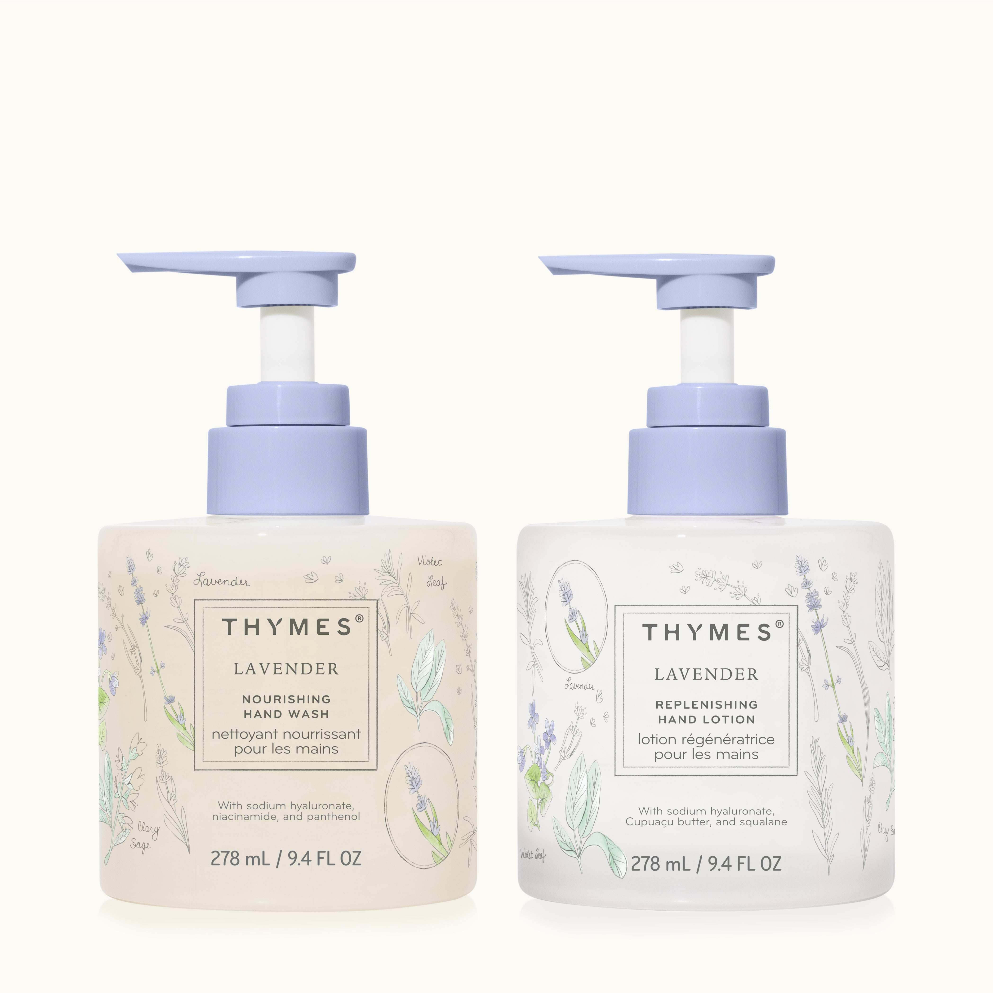 Lavender Nourishing Hand Wash and Replenishing Hand Lotion on a tan background