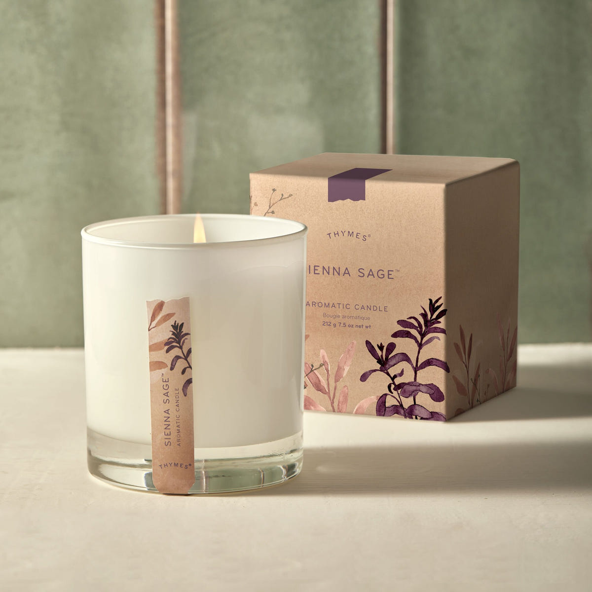 Alternate image of Thymes Sienna Sage Candle and Packaging on Counter
