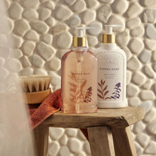 Thymes Sienna Sage Body Lotion and Body Wash on Bath Stool