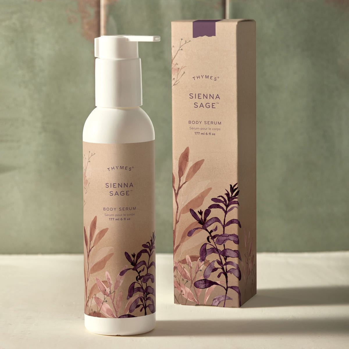 Alternate image of Thymes Sienna Sage Body Serum and packaging on counter