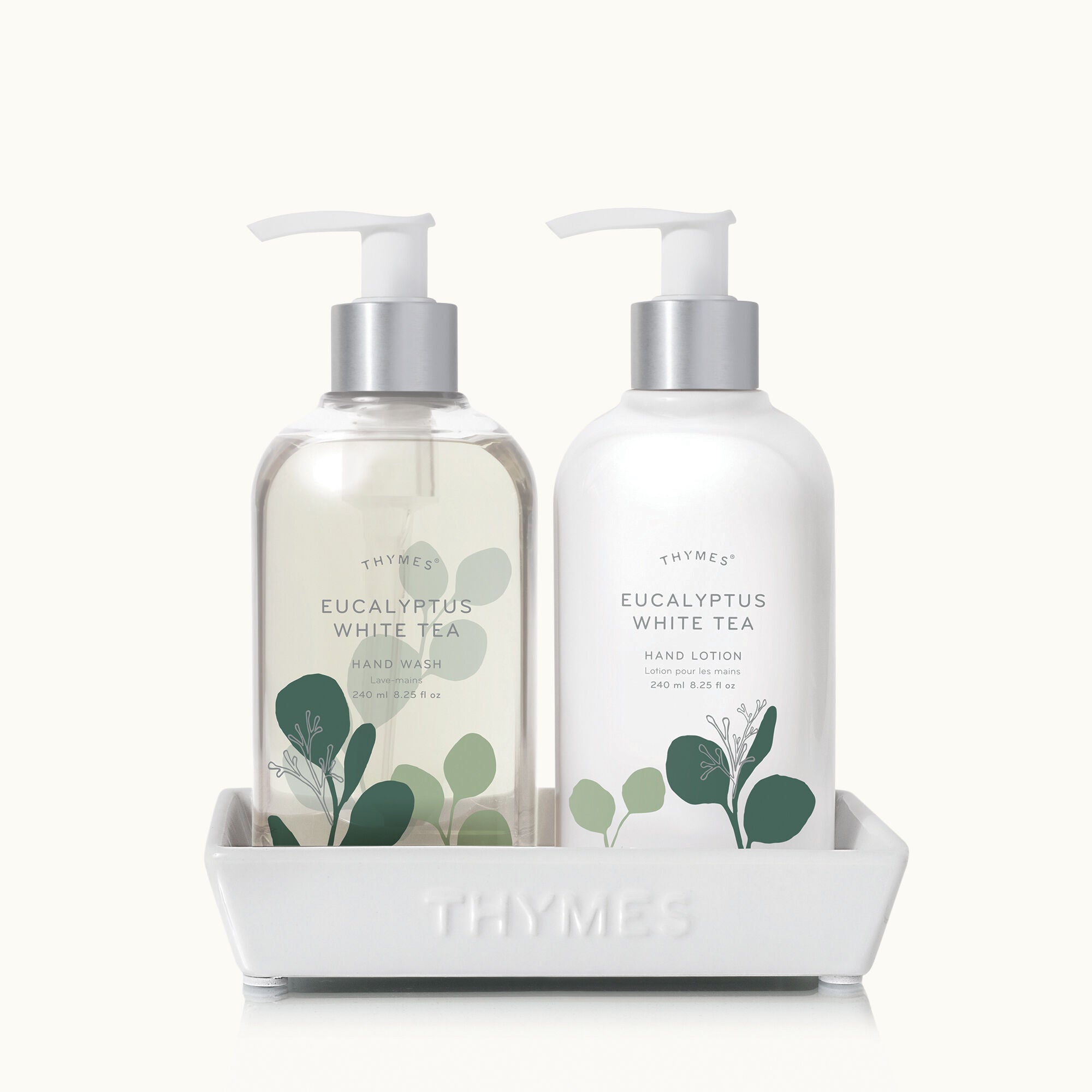 Thymes Eucalyptus White Tea Sink Set with ceramic caddy featuring hand care products