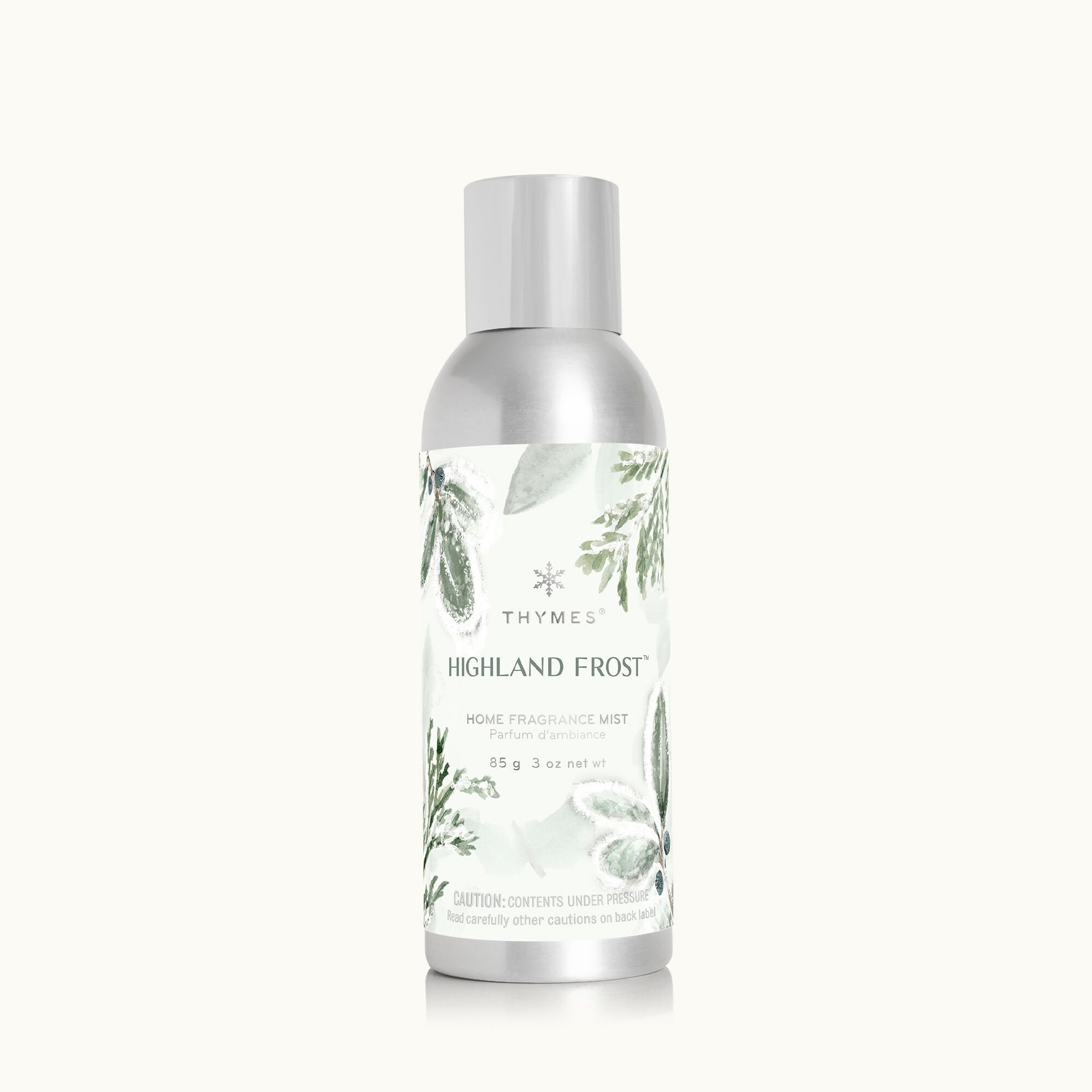 Thymes Highland Frost home fragrance mist bottle on a white background