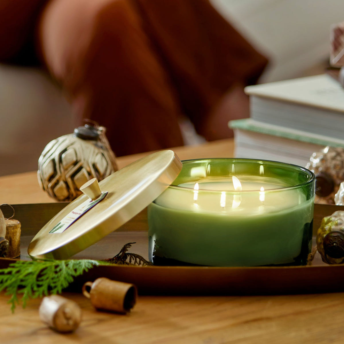 Alternate image of thymes-frasier-fir-poured-candle-4-wick-burning