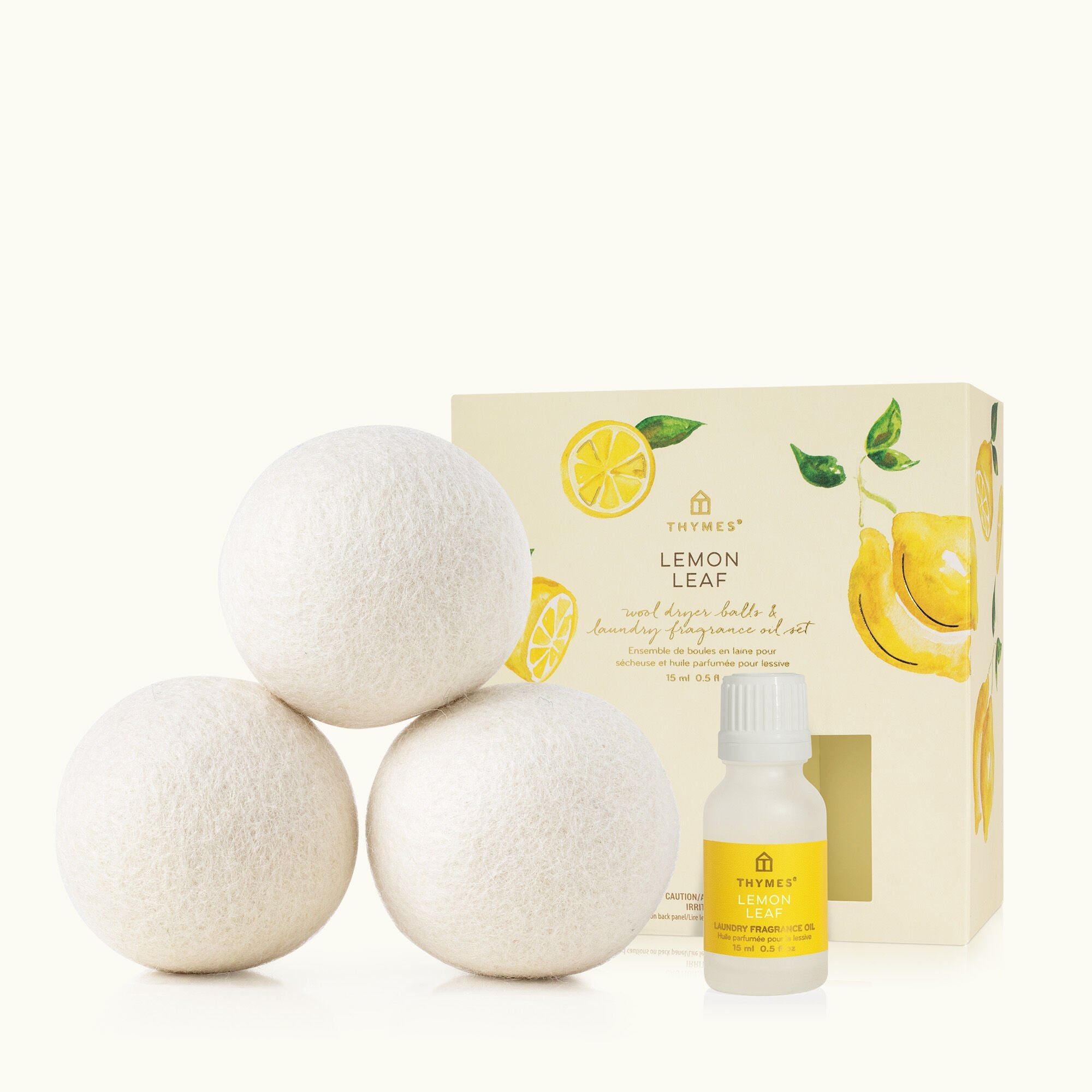 Thymes Lemon Leaf Wool Dryer Balls & Laundry Fragrance Oil Set with Packaging