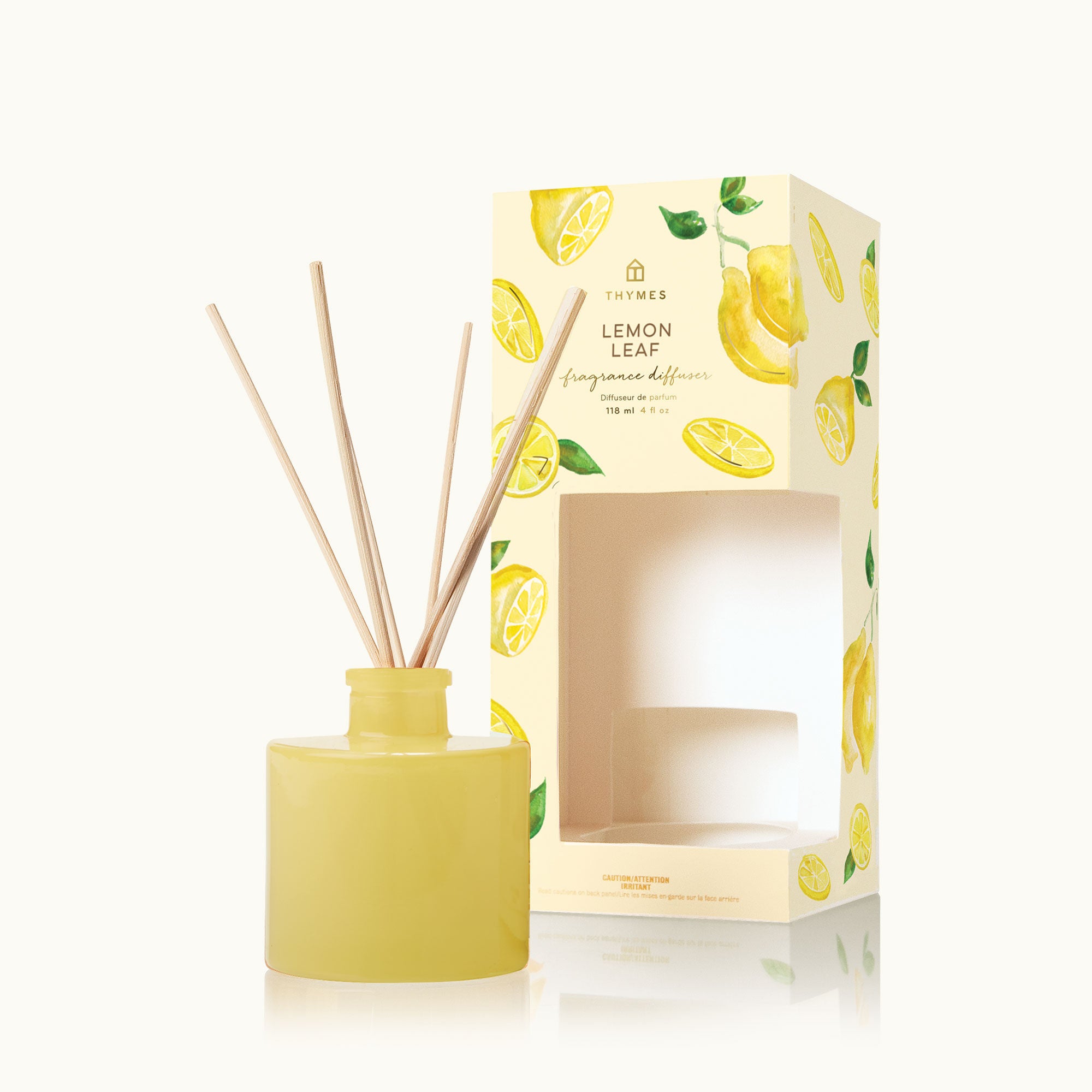 Thymes Lemon Leaf Petite Diffuser with Rattan Reeds and Yellow Blown Glass