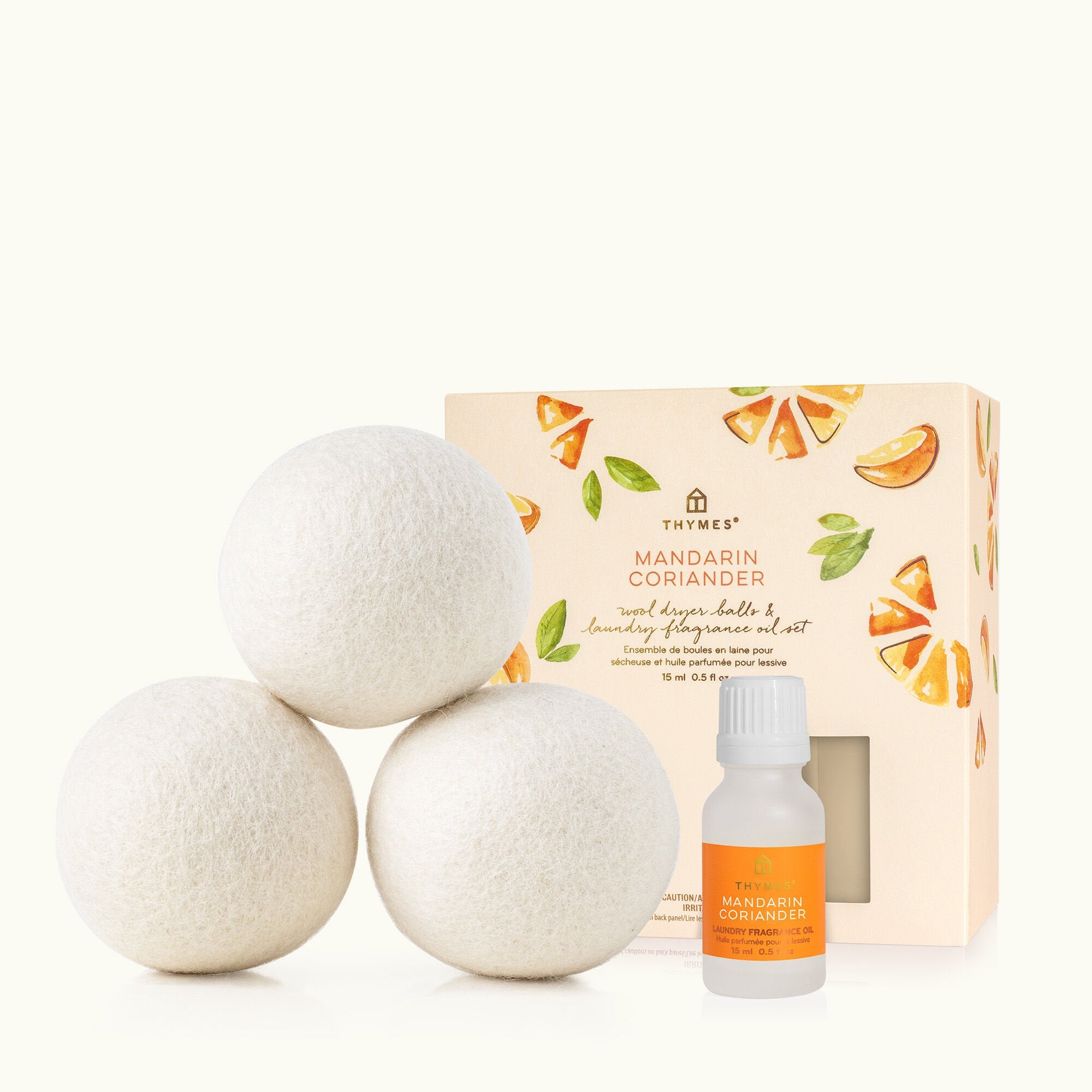 Thymes Mandarin Coriander Wool Dryer Balls & Laundry Fragrance Oil Set with Packaging