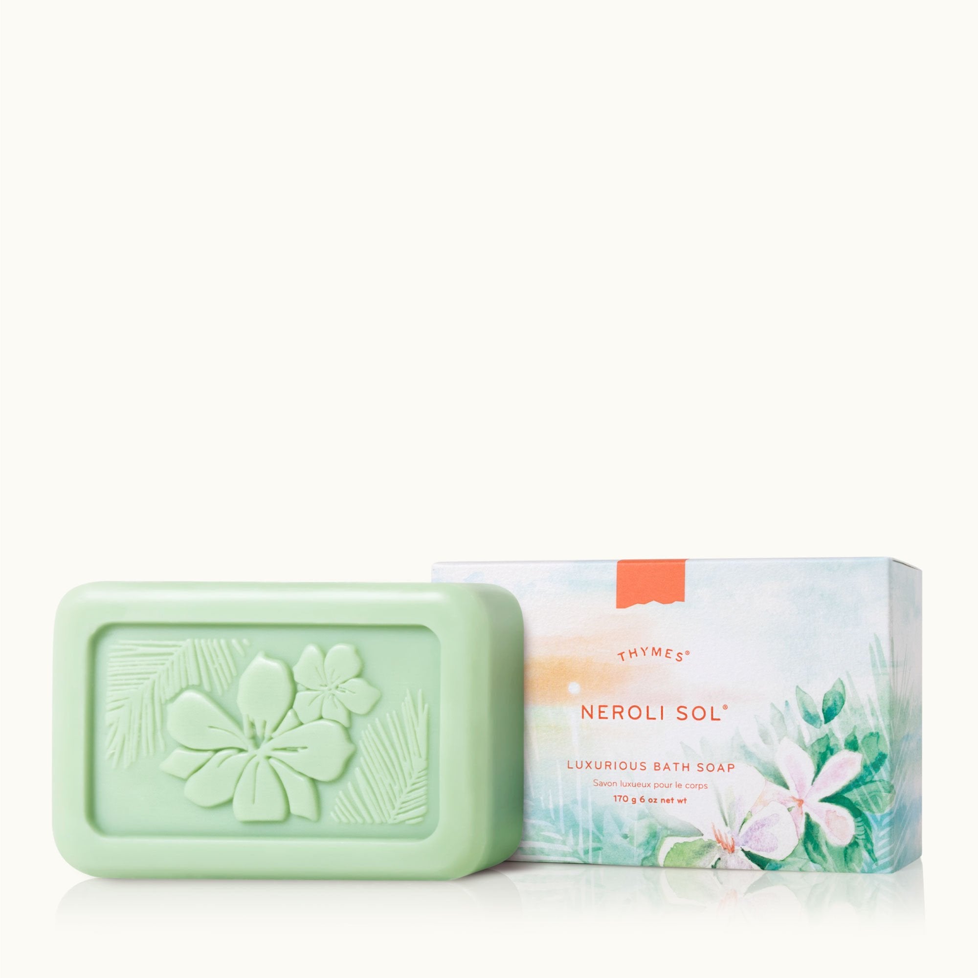 Thymes Neroli Sol Bath Soap is a moisturizing bar soap with floral fragrance