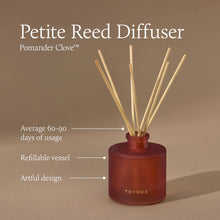 A frosted, matte, sienna orange reed diffuser bottle with inserted reed sticks